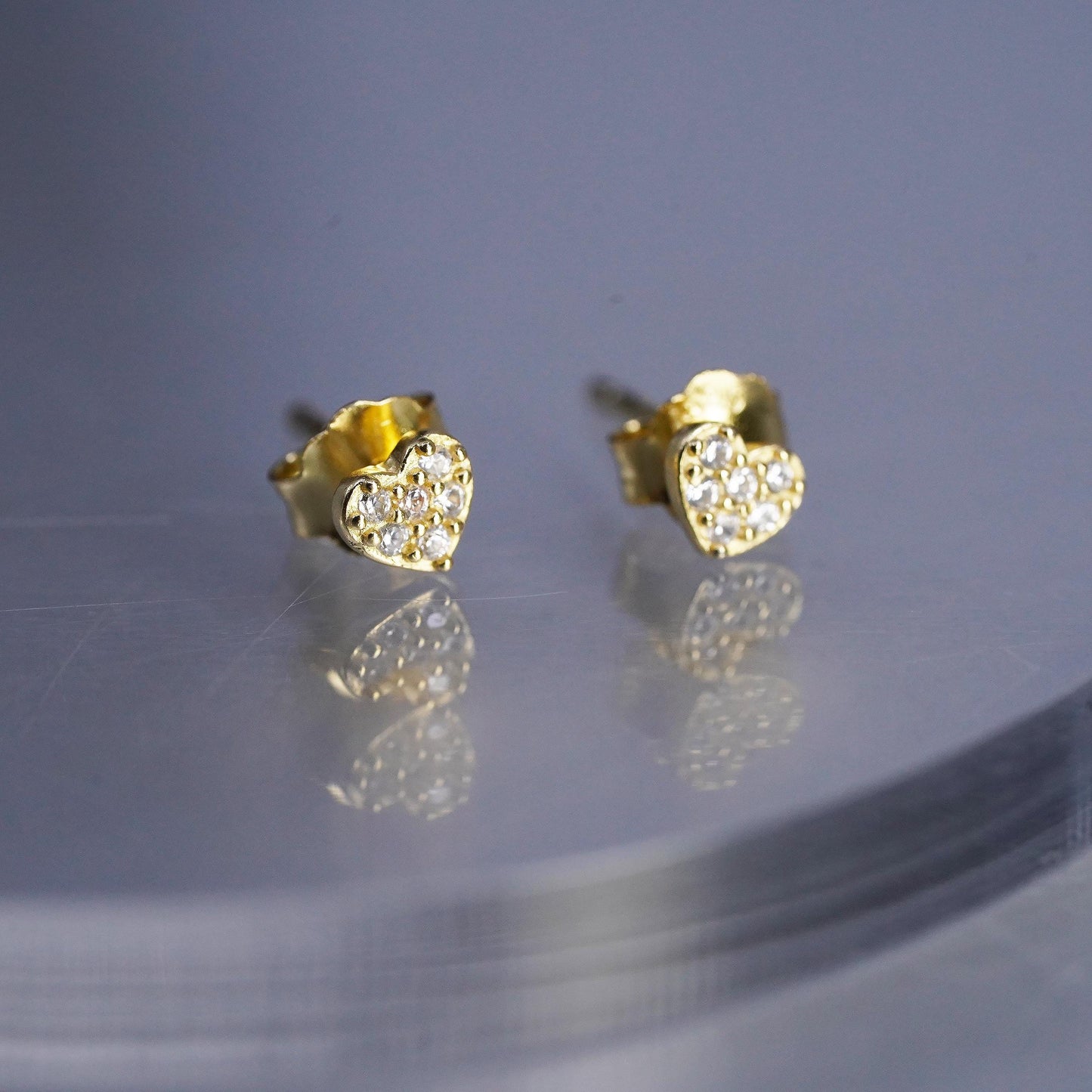 Vintage yellow gold plated Sterling 925 silver heart earrings, studs with cz