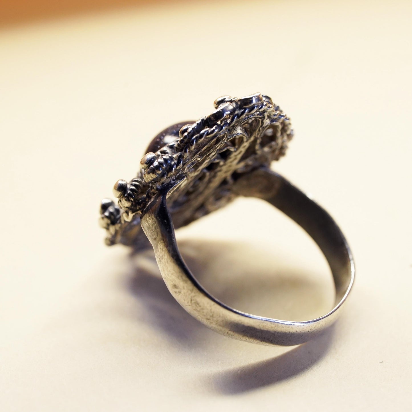 Size 6.25, Vintage sterling 925 silver filigree ring with goldstone and beads