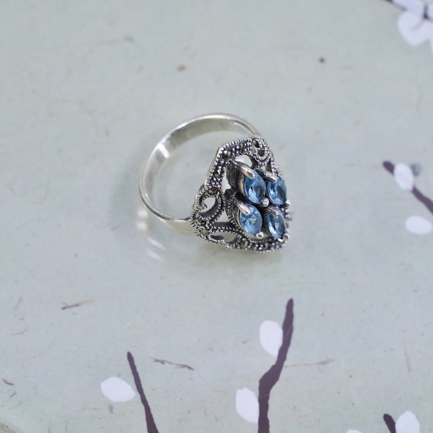Size 6, Sterling 925 silver handmade ring with blue Crystal and marcasite