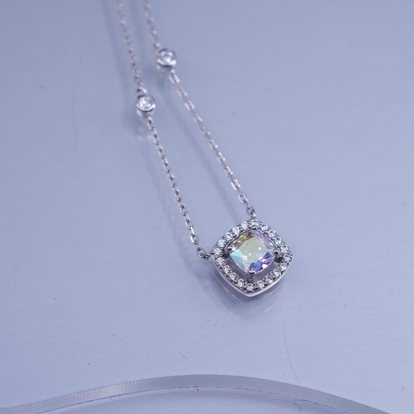 16+2”, vintage Sterling 925 silver circle necklace with cz square pendant