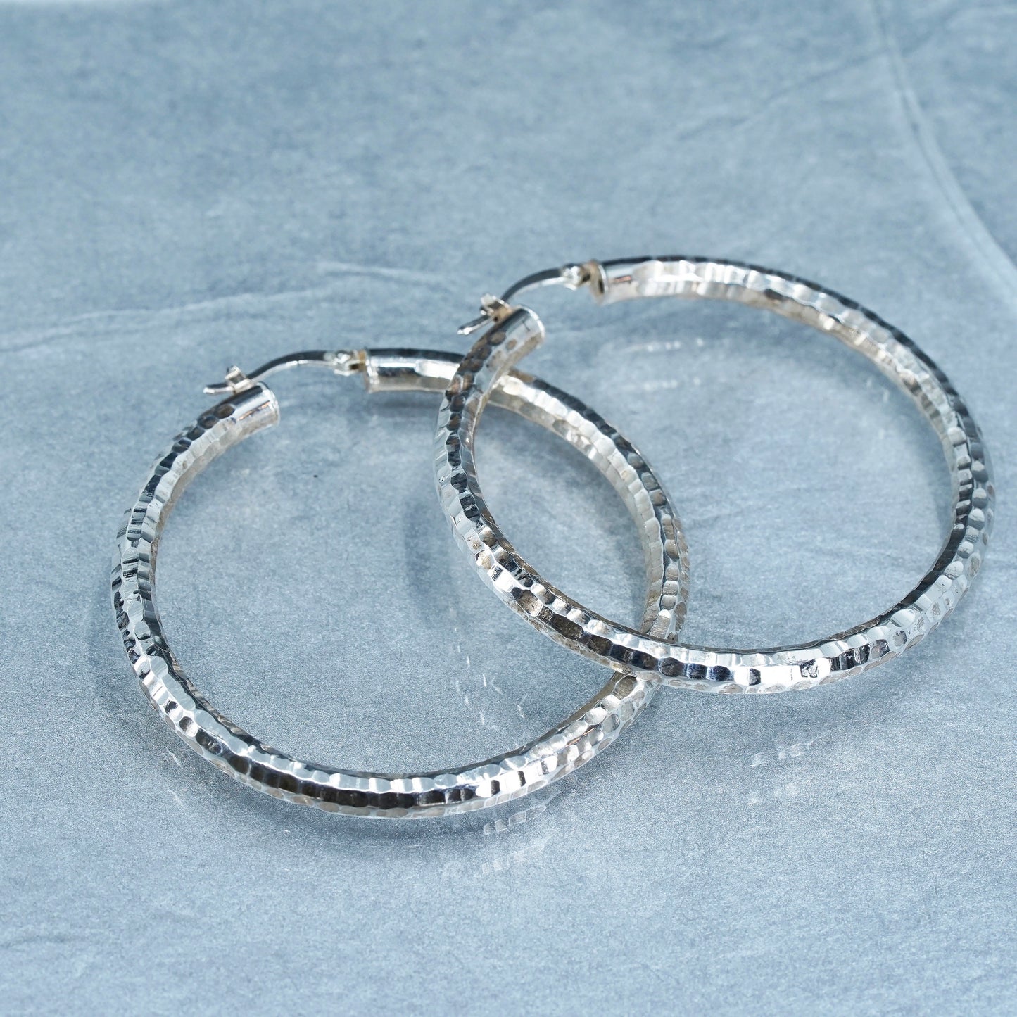 1.75”, vintage Sterling silver handmade earrings, huge 925 bold textured hoops
