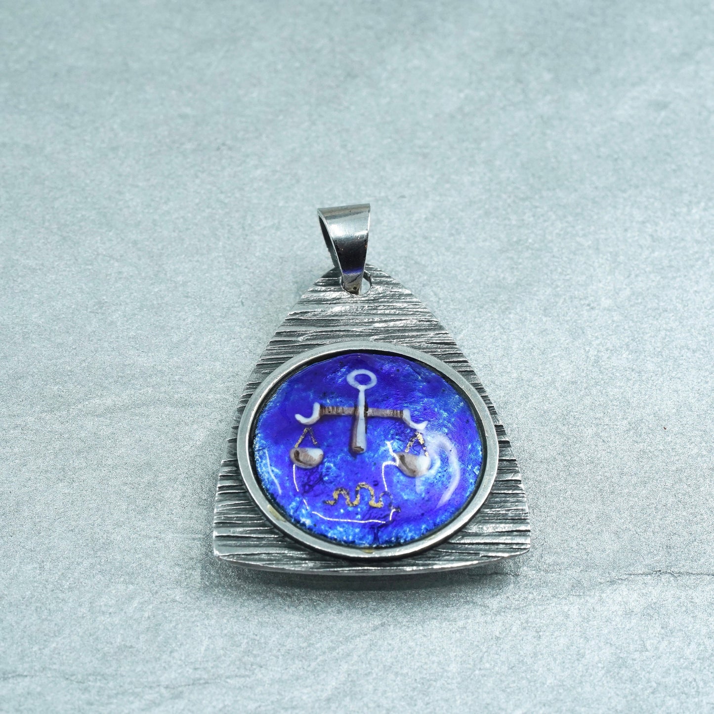Vintage sterling 925 silver handmade sign Libra blue enamel tag pendant