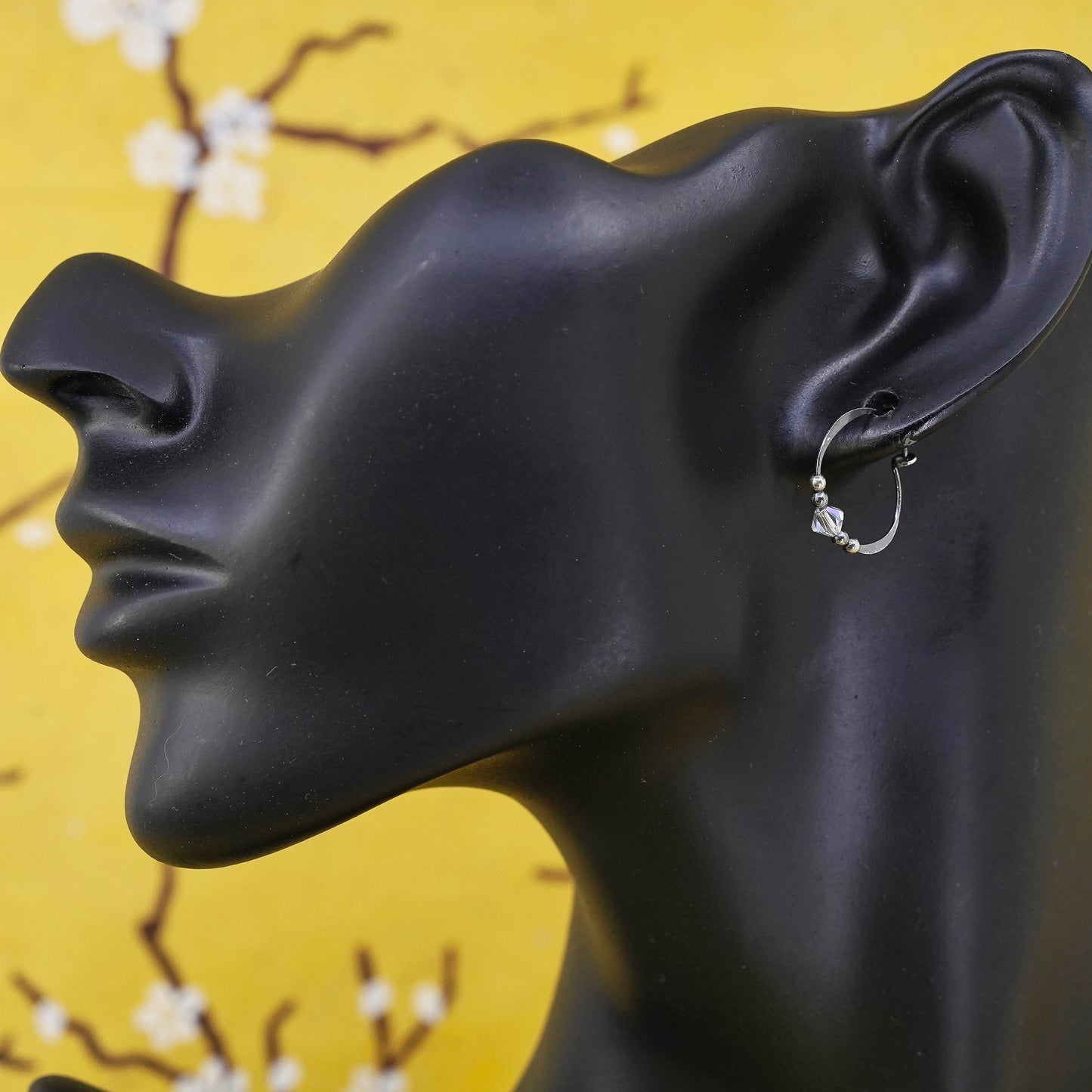 0.75", vintage Sterling silver handmade earrings, 925 hoops, huggie w/ crystal