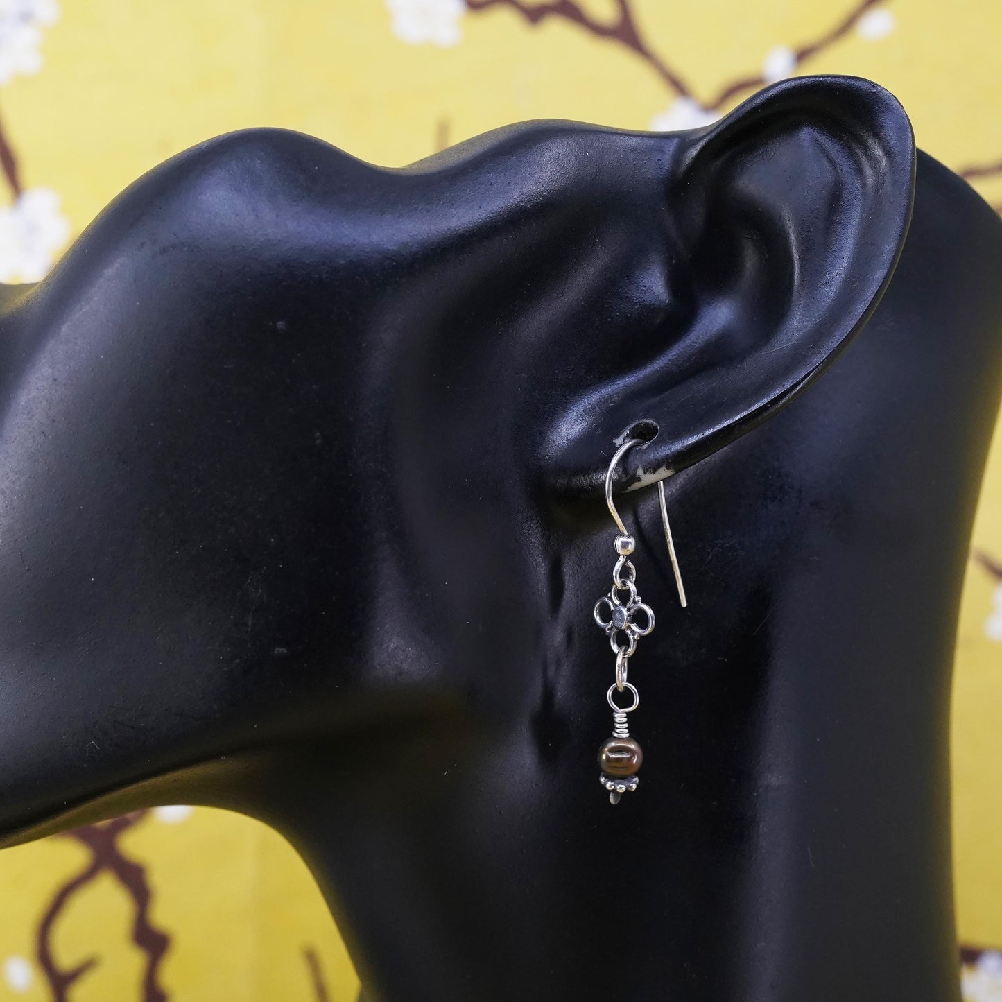 Vintage Sterling 925 silver handmade earrings with pearl and flower dangles