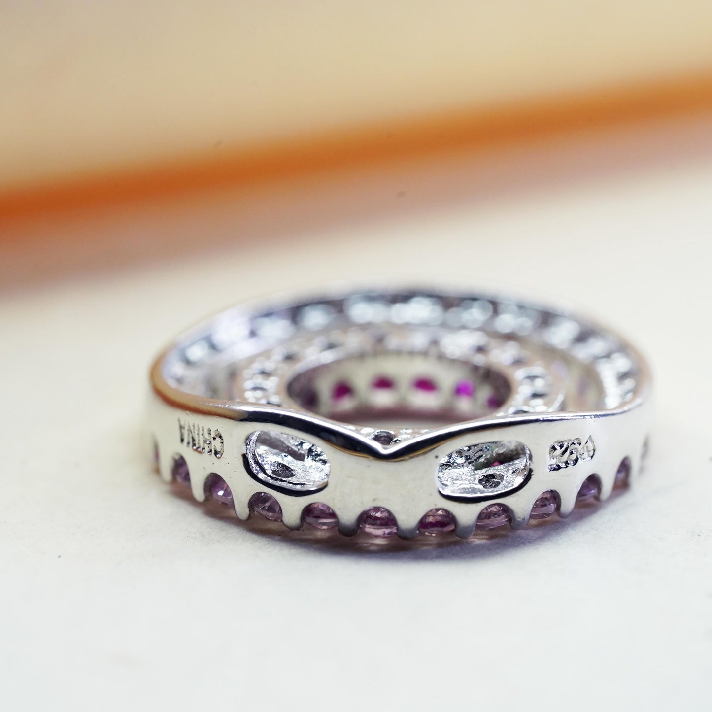 Vintage sterling silver Pendant, 925 double circle with ruby and pink crystal
