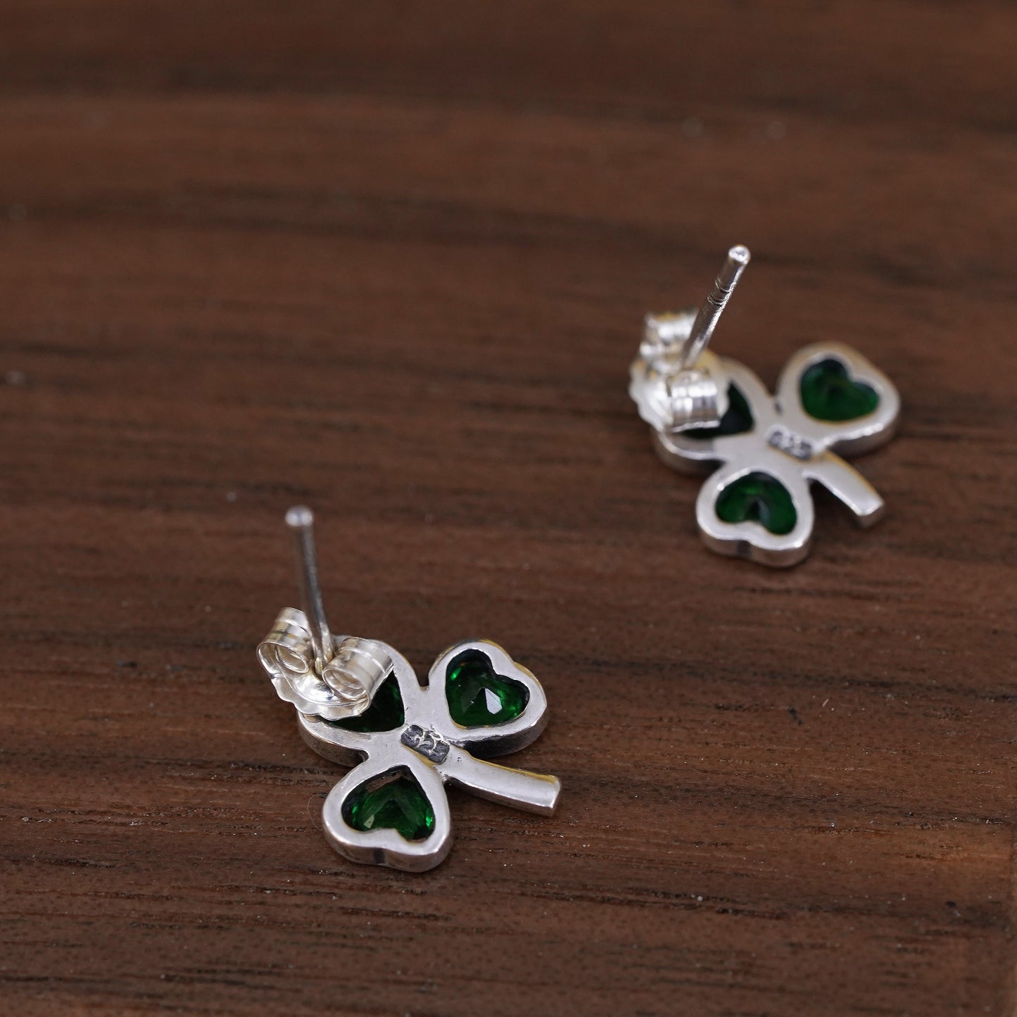vintage Sterling silver green crystal clover studs earrings
