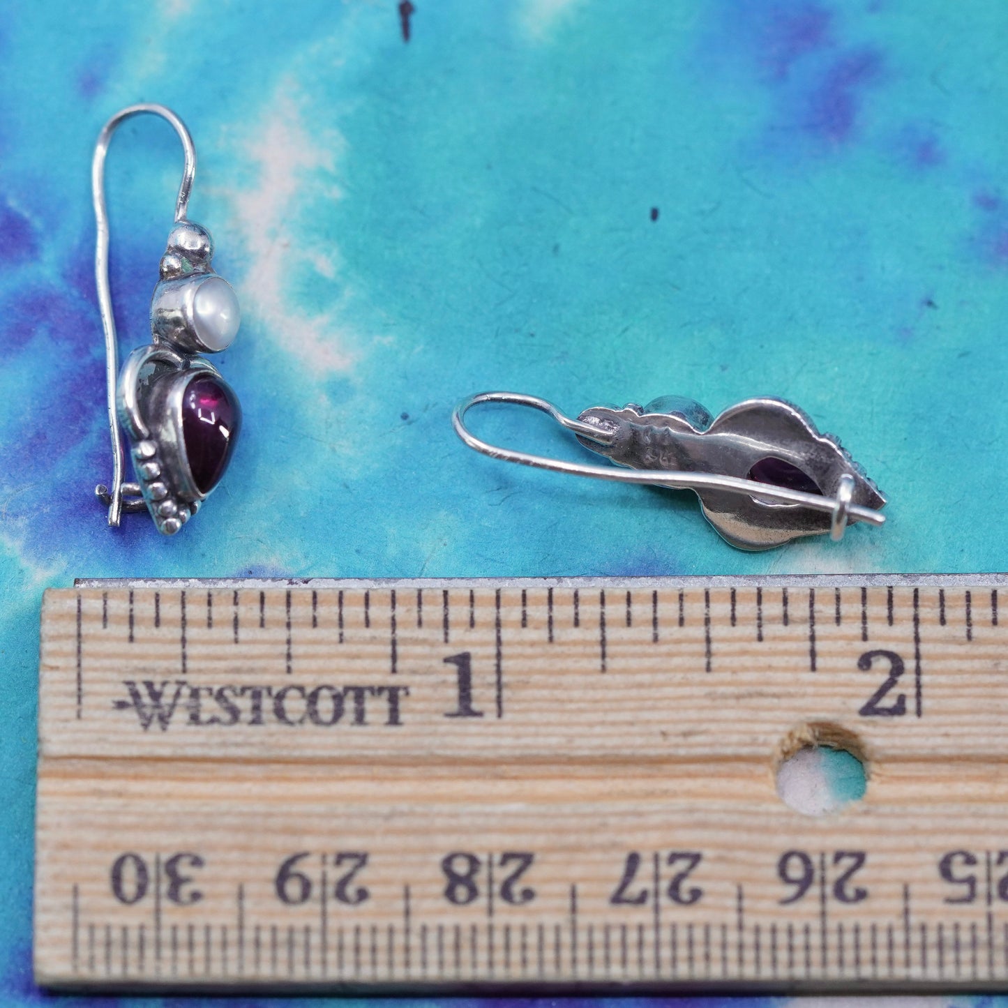 Vintage Sterling silver 925 handmade earrings with teardrop garnet and pearl