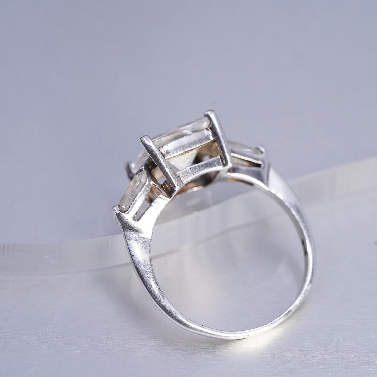Size 6.25, vintage Sterling 925 silver engagement ring with square Cz