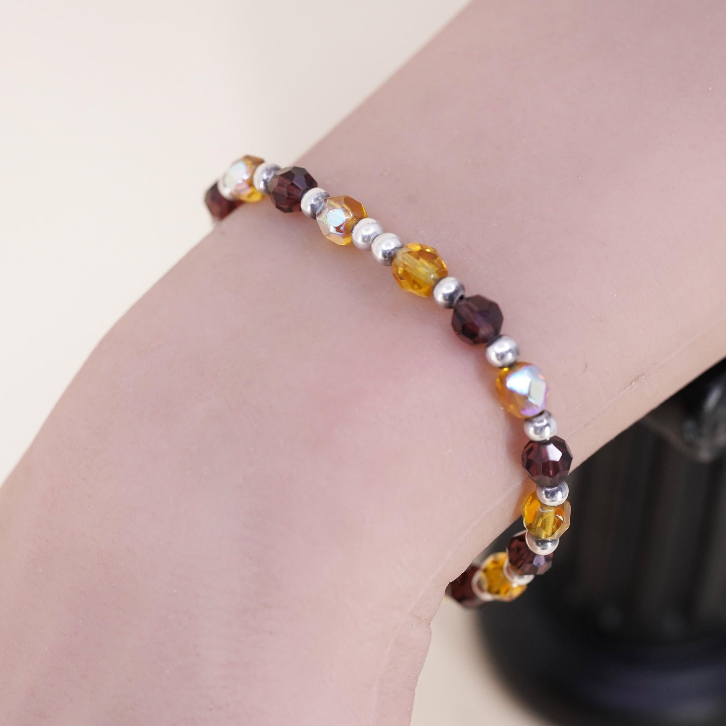 7.25”, vintage 925 Sterling silver handmade bracelet with garnet citrine beads