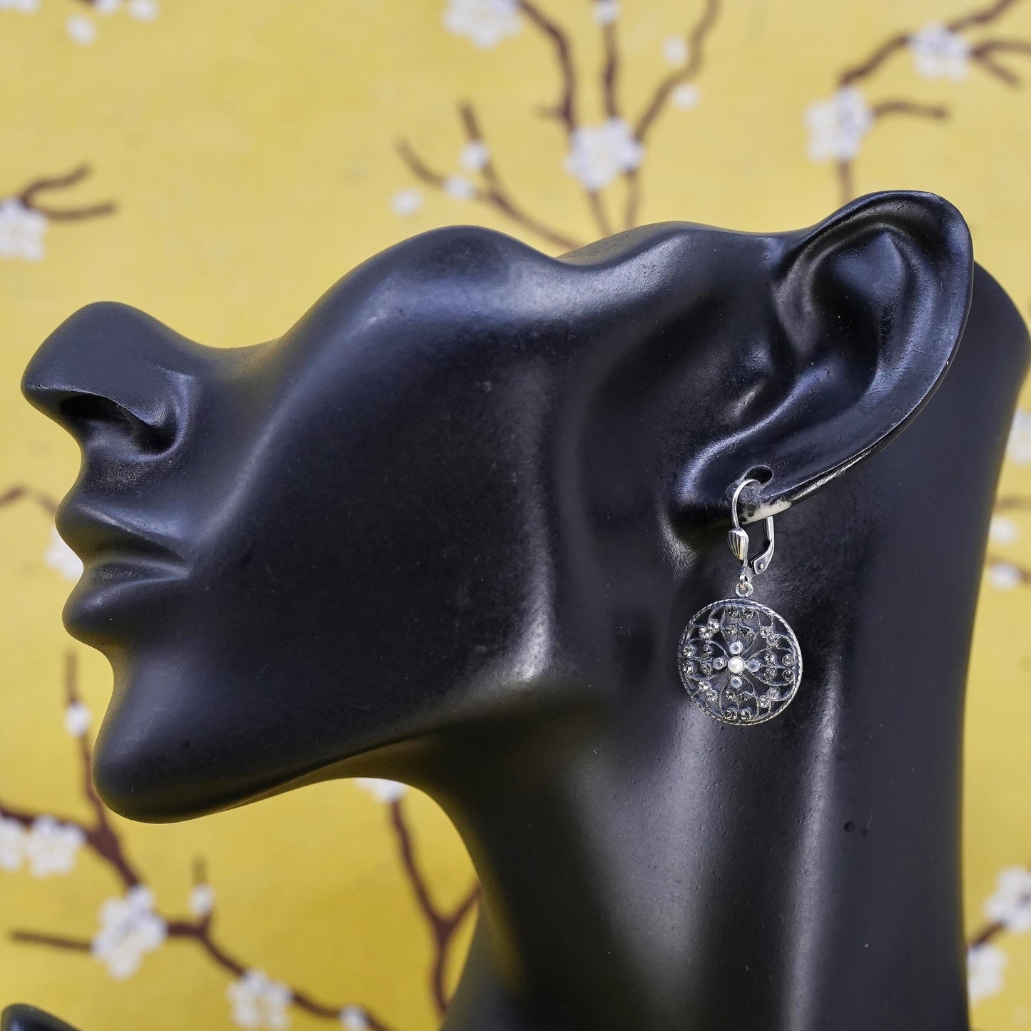 Vintage Sterling silver handmade earrings, 925 circle with cluster cz and pearl