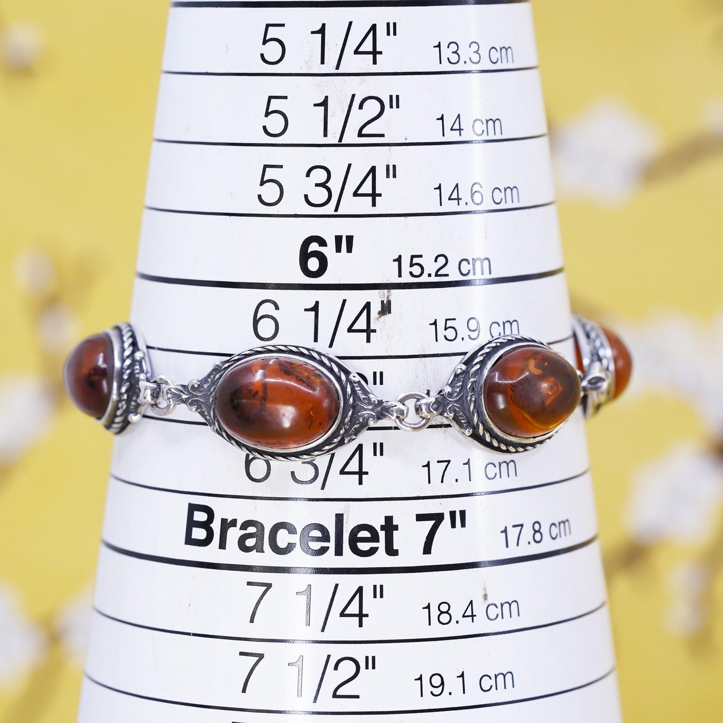6.5", vintage Sterling 925 silver handmade bracelet oval amber toggle closure
