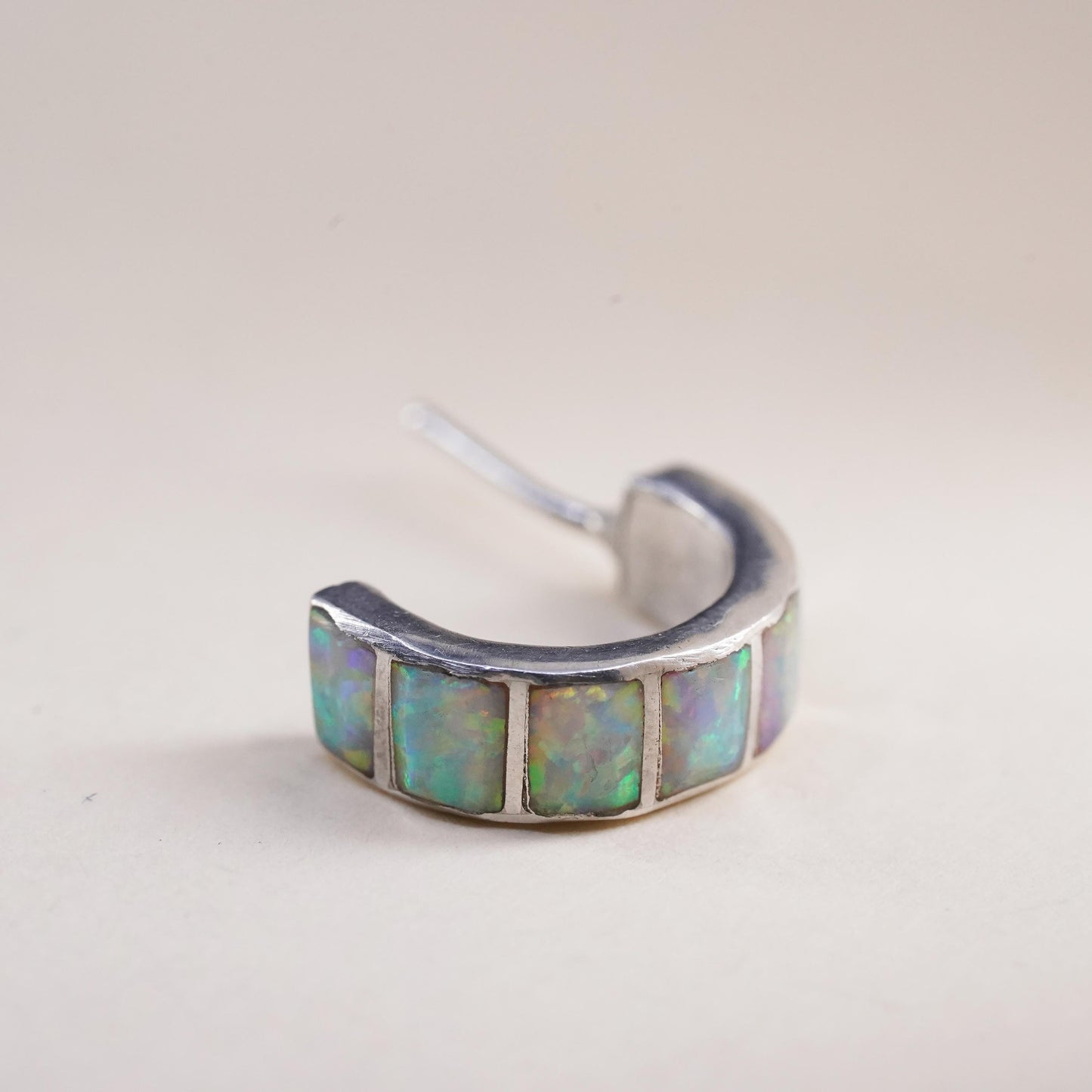 southwestern single earring. Sterling 925 silver huggie stud with opal inlay