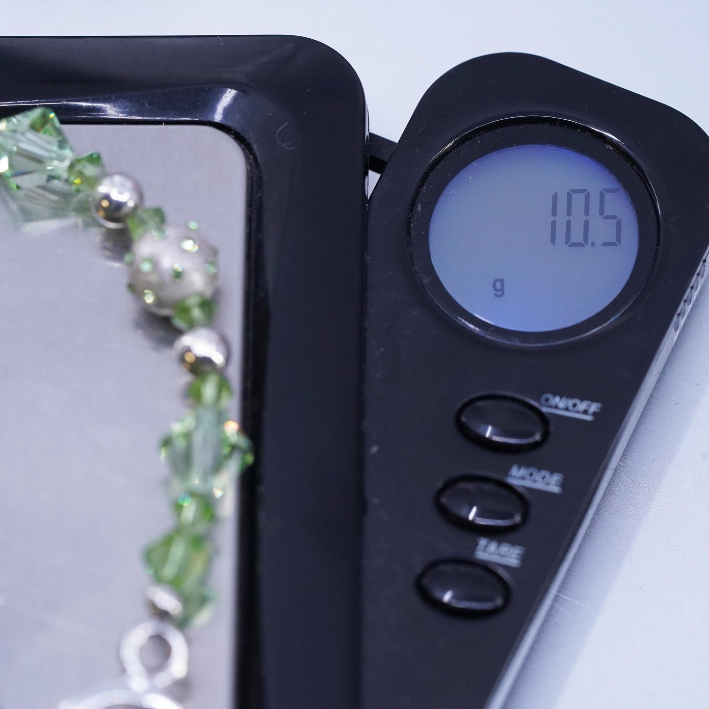 7", vintage Sterling 925 silver bracelet w/ green crystal beads toggle closure