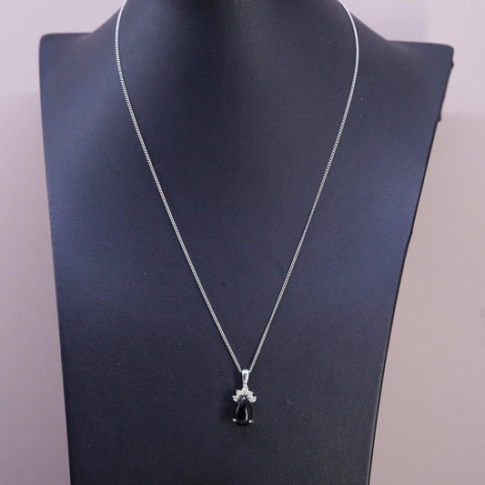 18", vintage sterling silver 925 necklace, teardrop onyx pendant curb chain