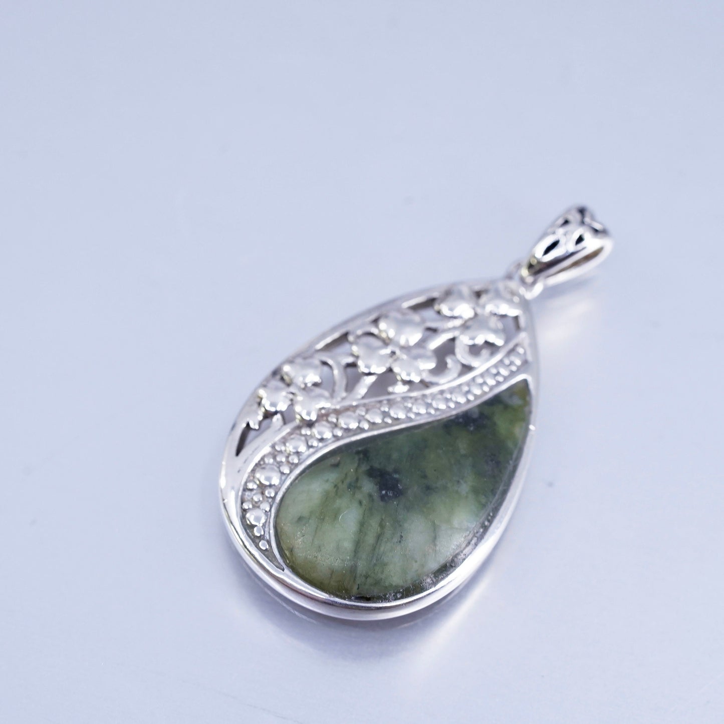 Sterling 925 silver handmade teardrop pendant with connemara marble and clovers