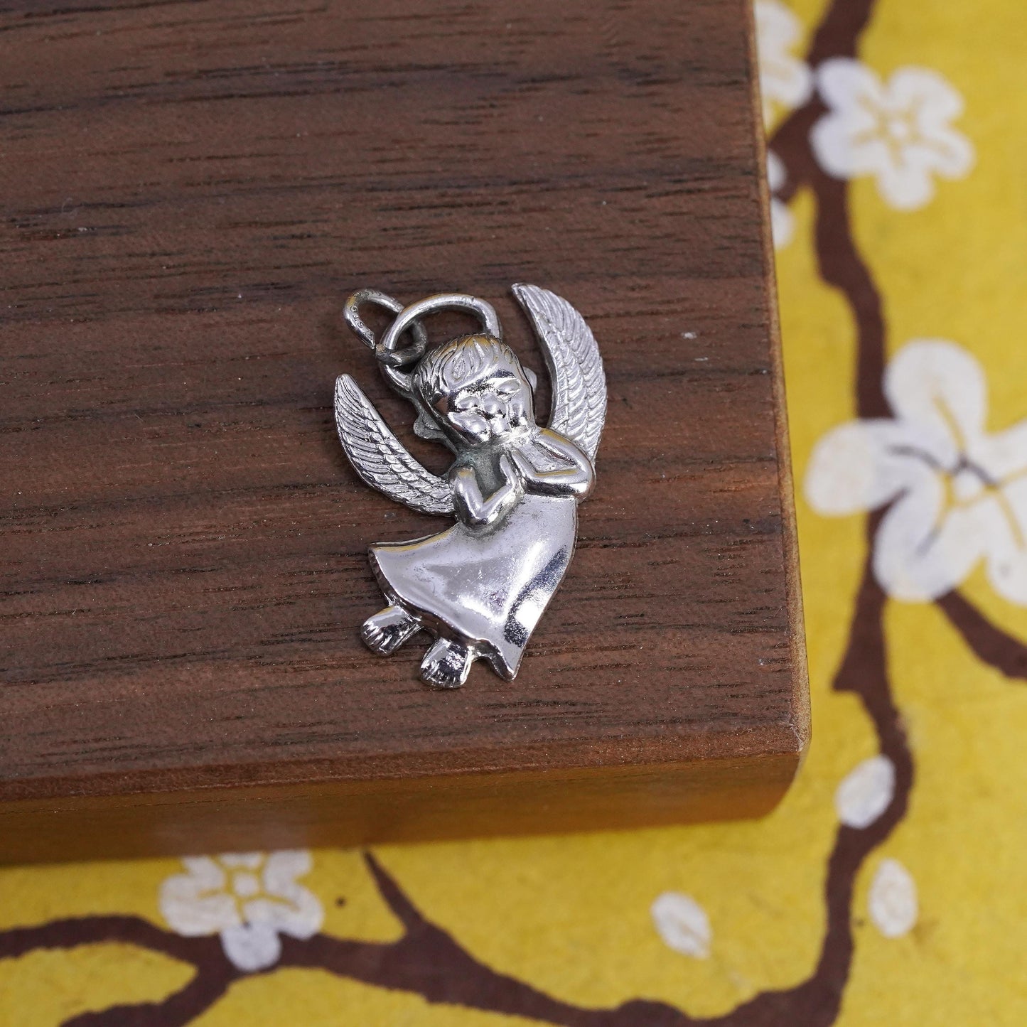 Vintage Sterling silver handmade pendant, 925 angel charm with cz