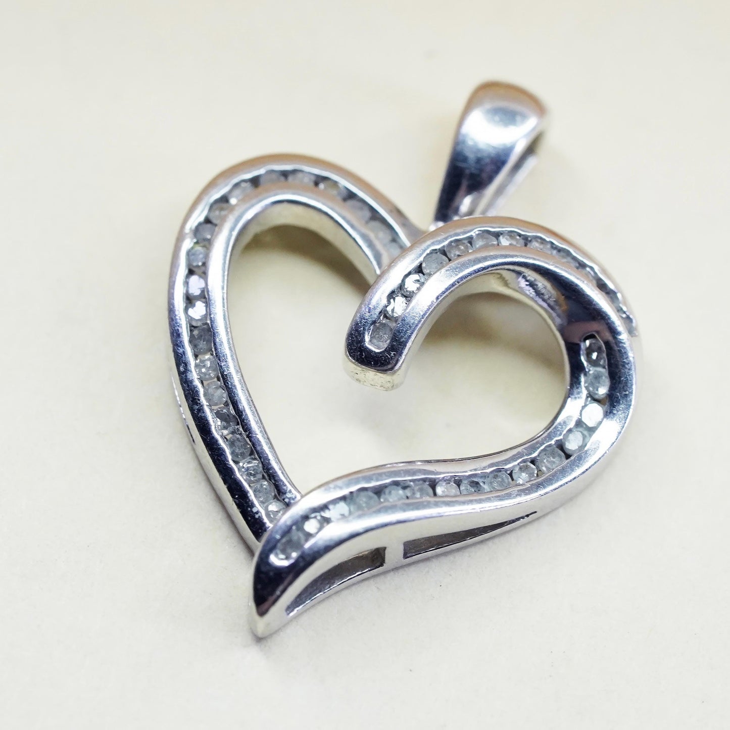 vintage Sterling silver Pendant, 925 heart Pendant with cluster real diamond