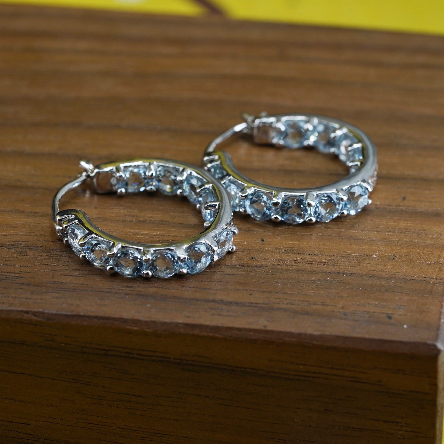 0.75", vintage HT Sterling silver huggie earrings, 925 hoops with blue crystal