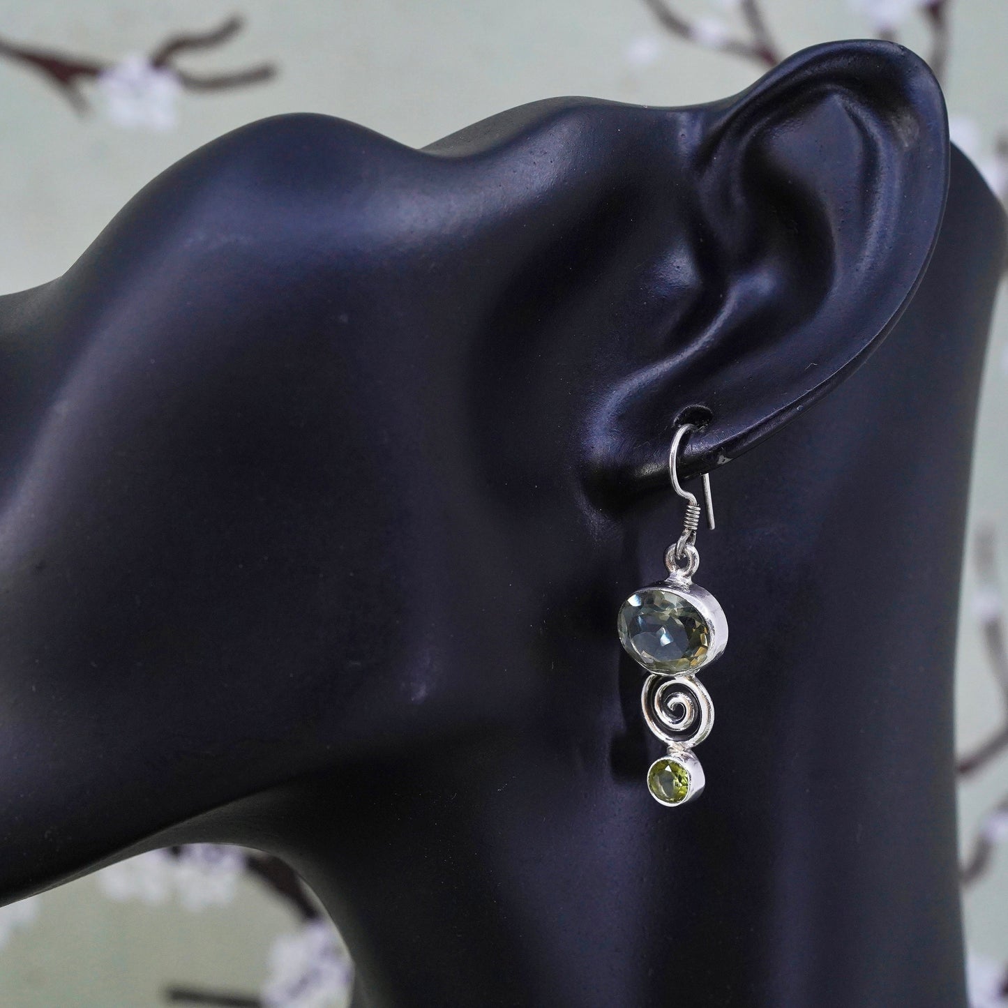 Vintage sterling 925 silver handmade earrings with peridot and spiral details