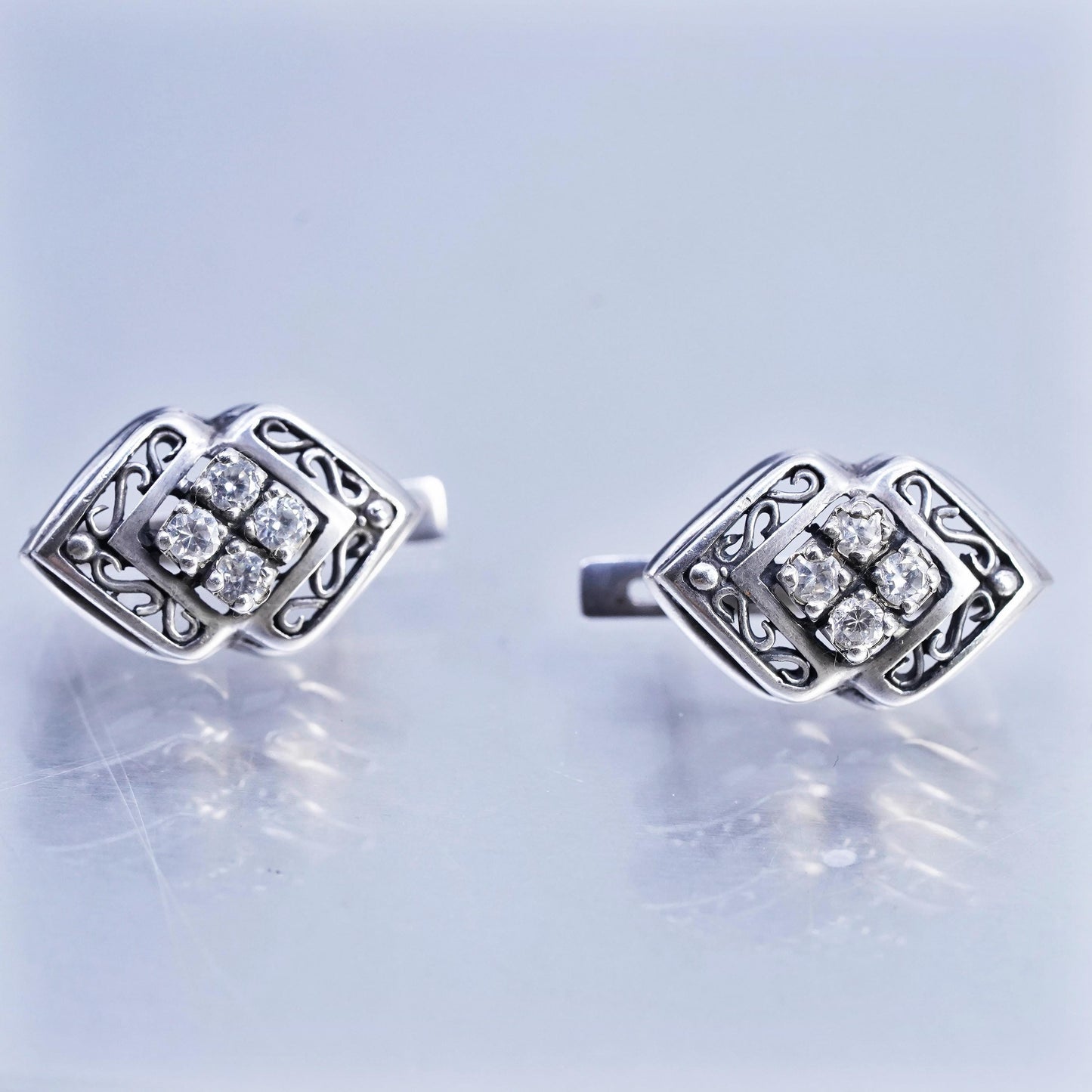 Vintage European Sterling 925 silver filigree earrings, studs with cz