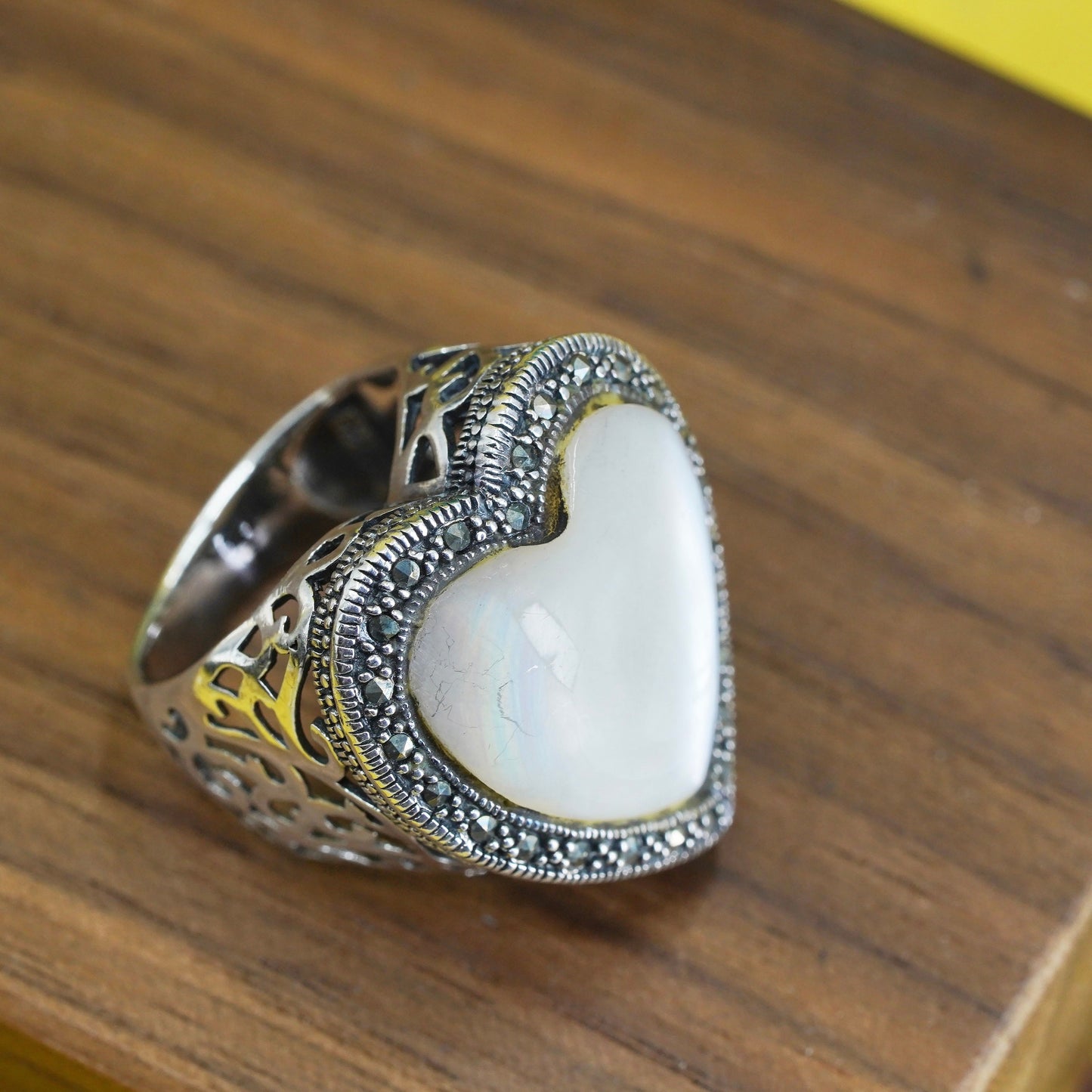Size 6.5, Sterling 925 silver handmade ring with heart moonstone and marcasite