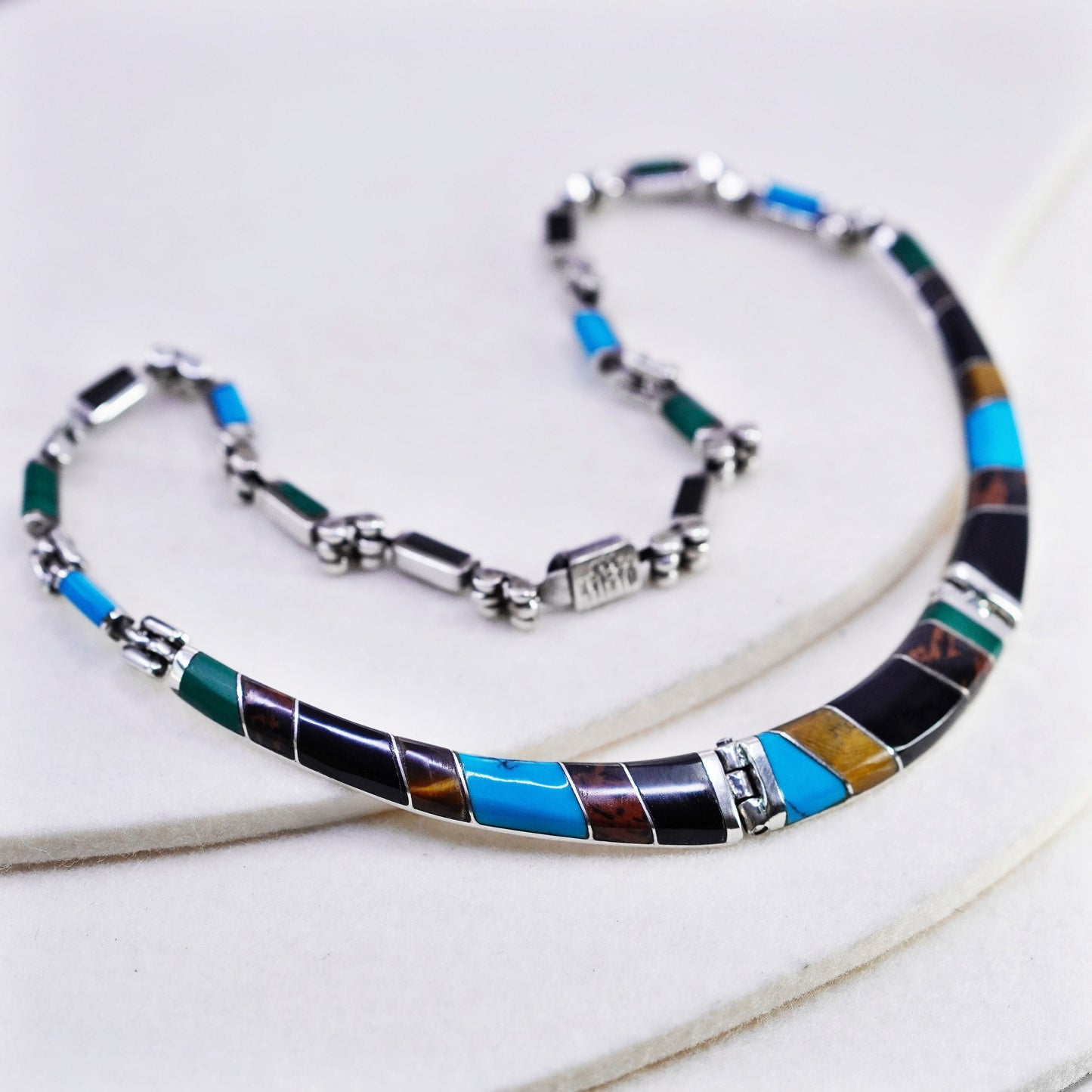 17”, Sterling 925 silver zuni choker collar necklace turquoise jasper obsidian