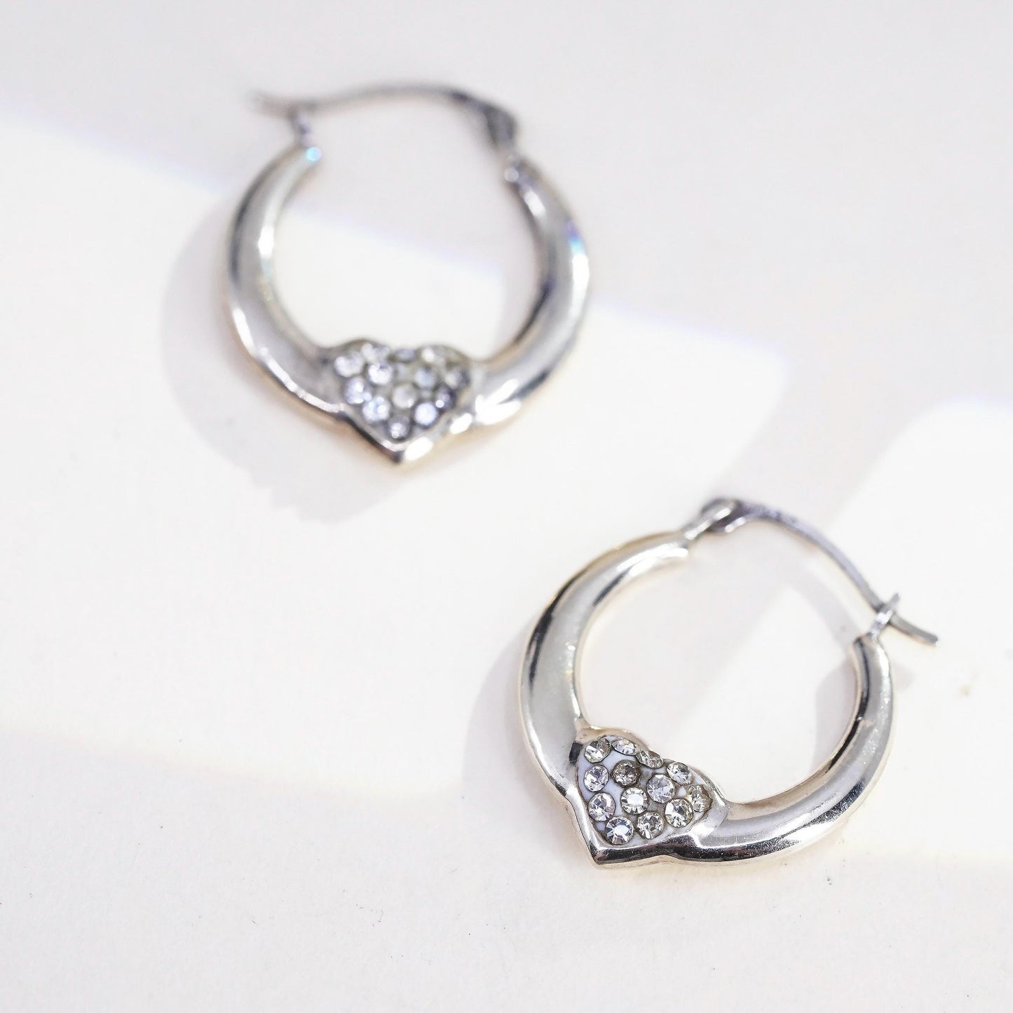 0.75”, Vintage sterling silver earrings, 925 heart huggie hoops with cz