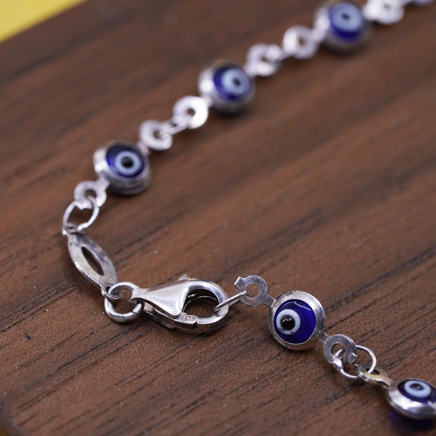 7.5", vintage sterling silver handmade bracelet, blue 925 evil eye beads
