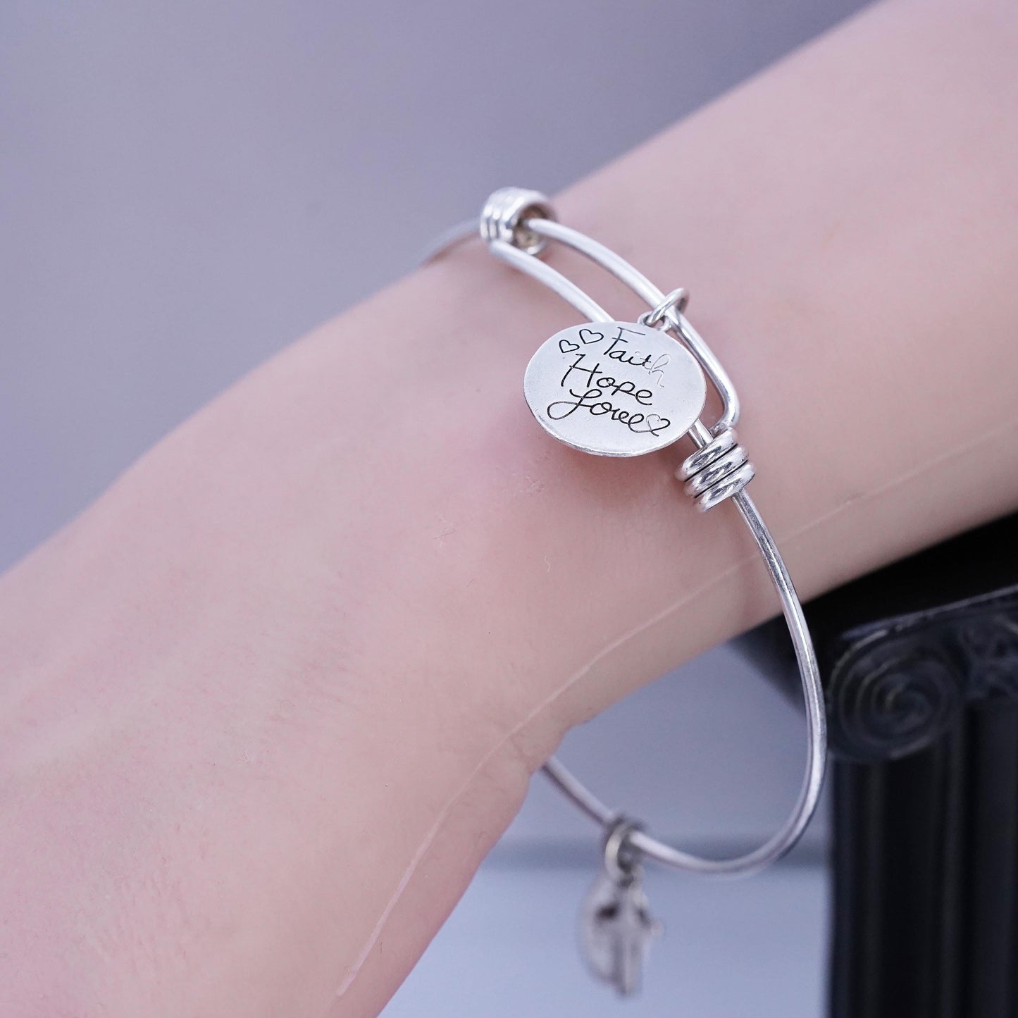 Size adjustable, Sterling 925 silver bracelet, bangle tag charm faith hope love