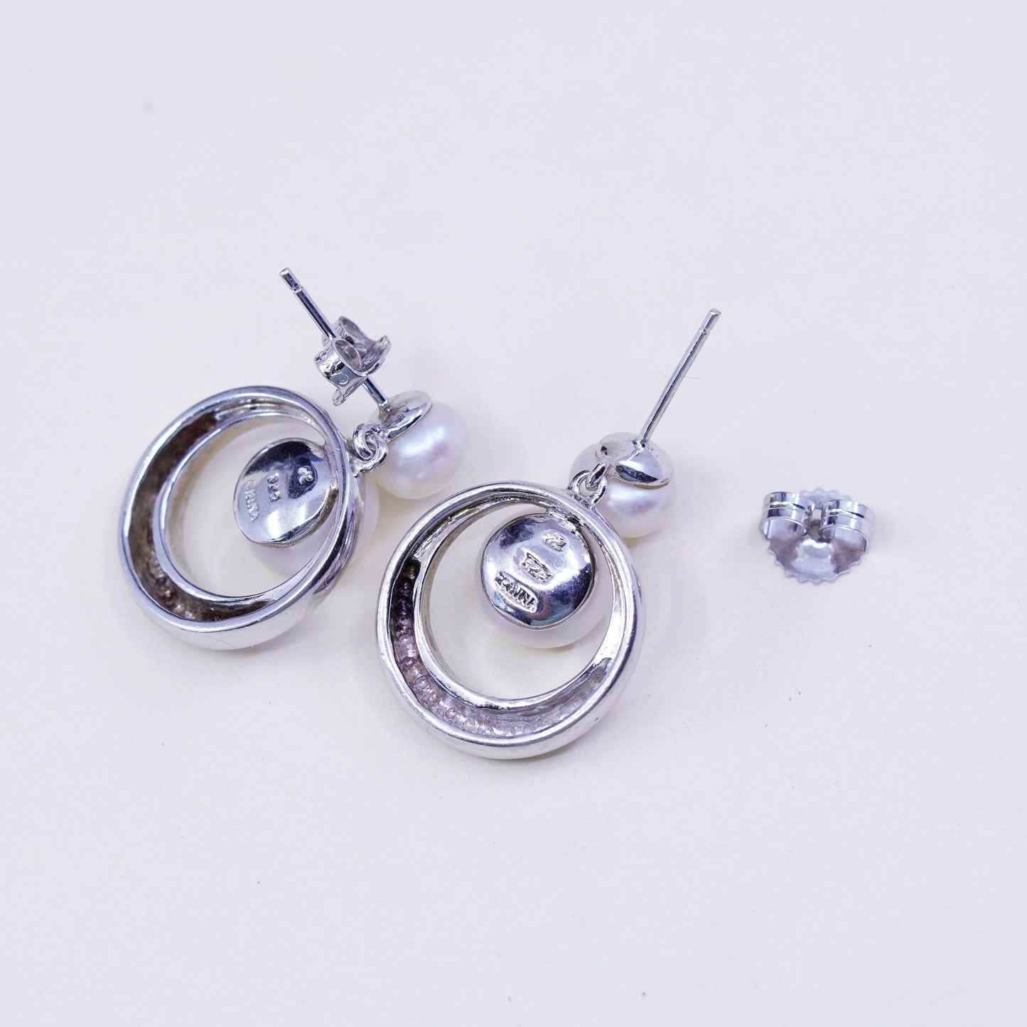 Vintage sterling silver handmade earrings, 925 circle dangles with pearl