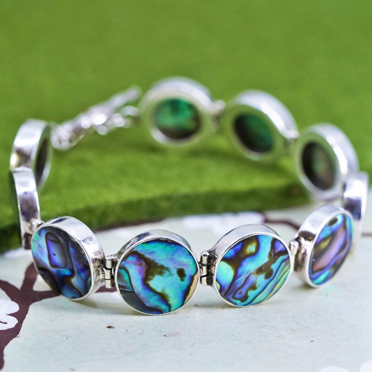 7”, vintage sterling 925 silver handmade bracelet with abalone