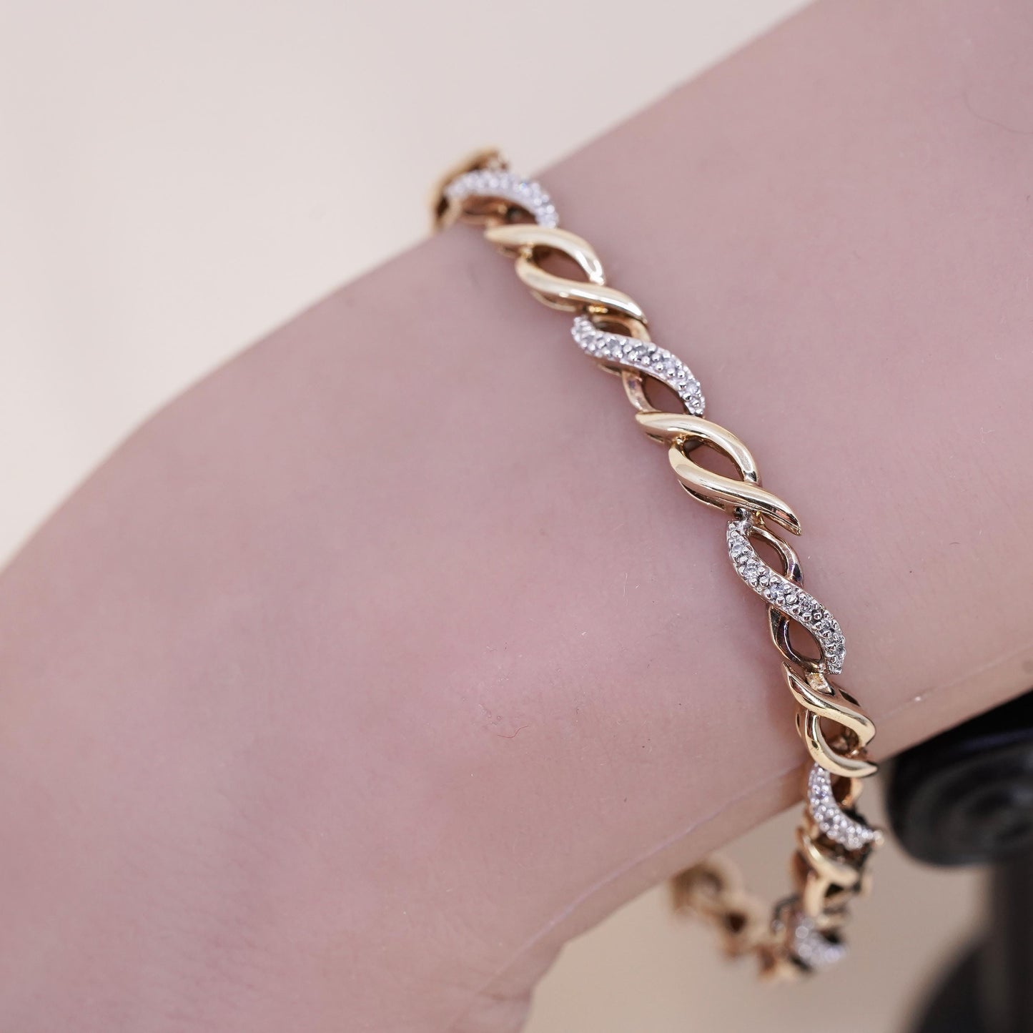 7.5”, vermeil gold sterling silver tennis bracelet, 925 twisted chain diamond