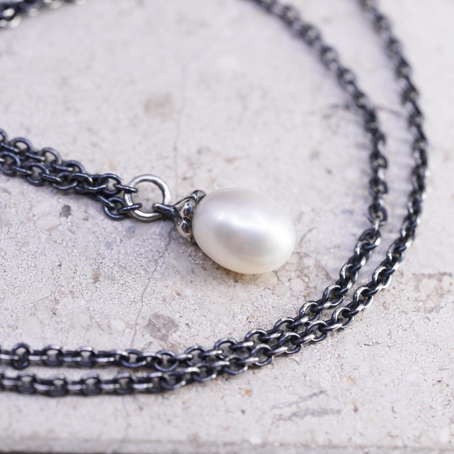 40" Sterling silver extra long sweater necklace, 925 teardrop pearl pendant