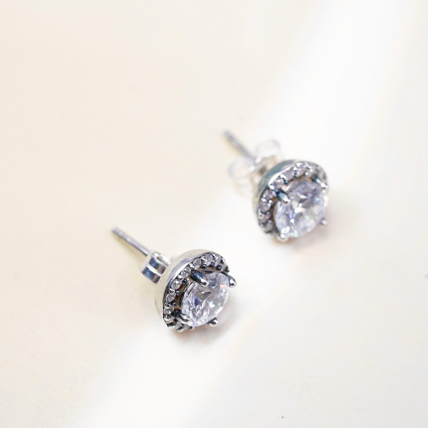 Vintage sterling silver earrings, 925 studs with cluster round cz