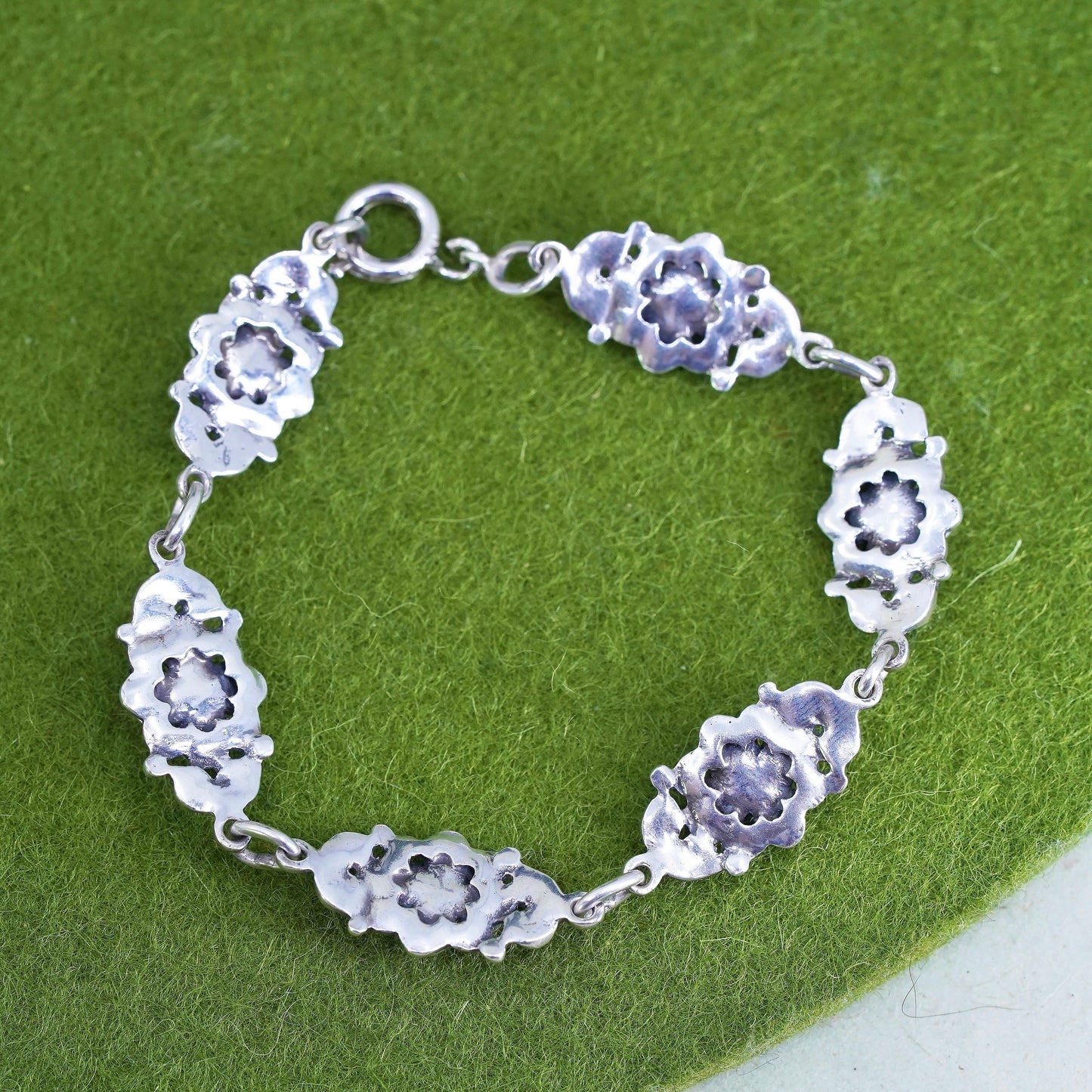 6.25", vintage sterling 925 silver handmade bracelet, flower link chain
