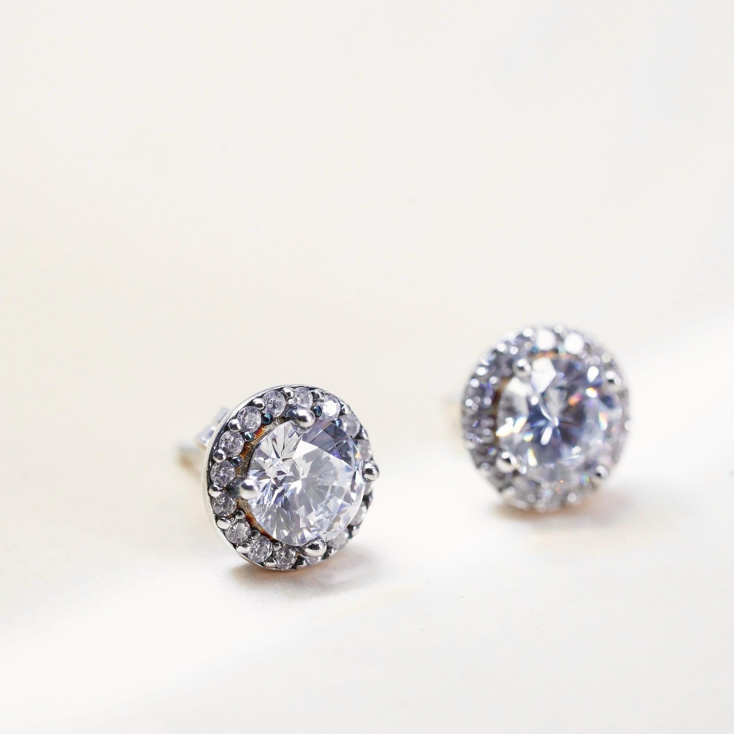 Vintage sterling silver earrings, 925 studs with cluster round cz