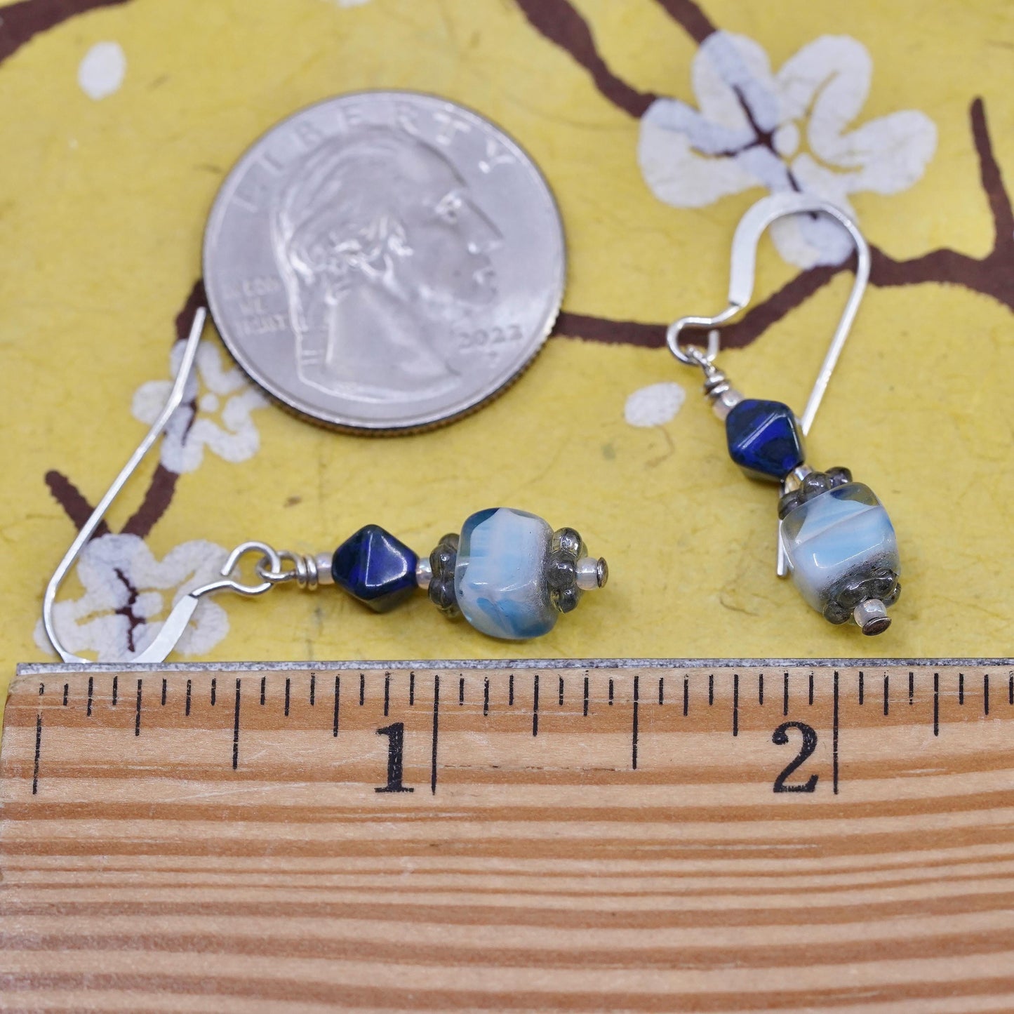 Vintage sterling 925 silver handmade earrings with lapis lazuli glass bead