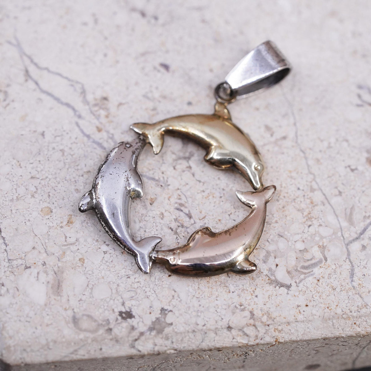Vintage 1/20 14K yellow gold Sterling silver Dolphin Circle pendant, 925 charm