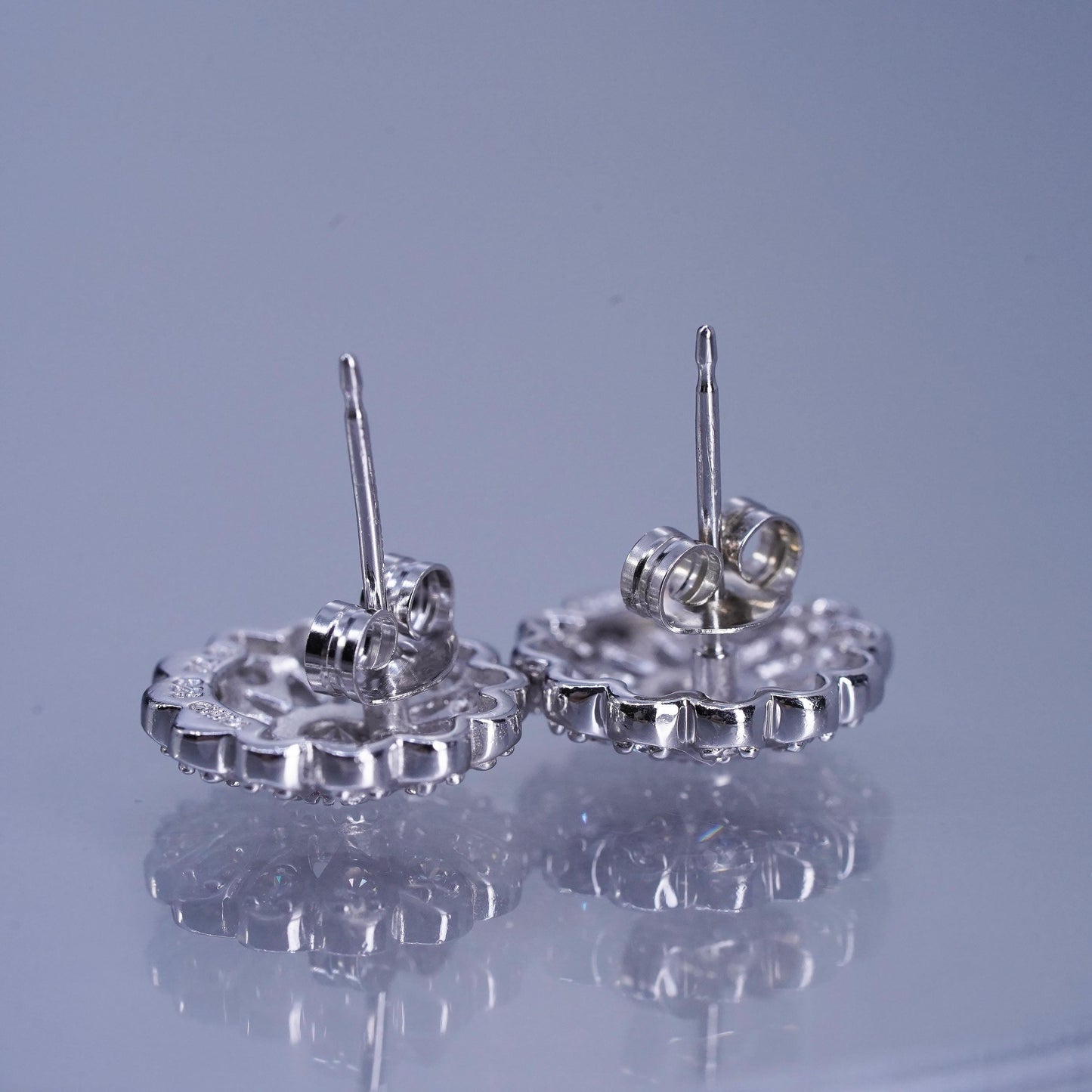 Vintage Sterling 925 silver handmade earrings, flower studs with cz