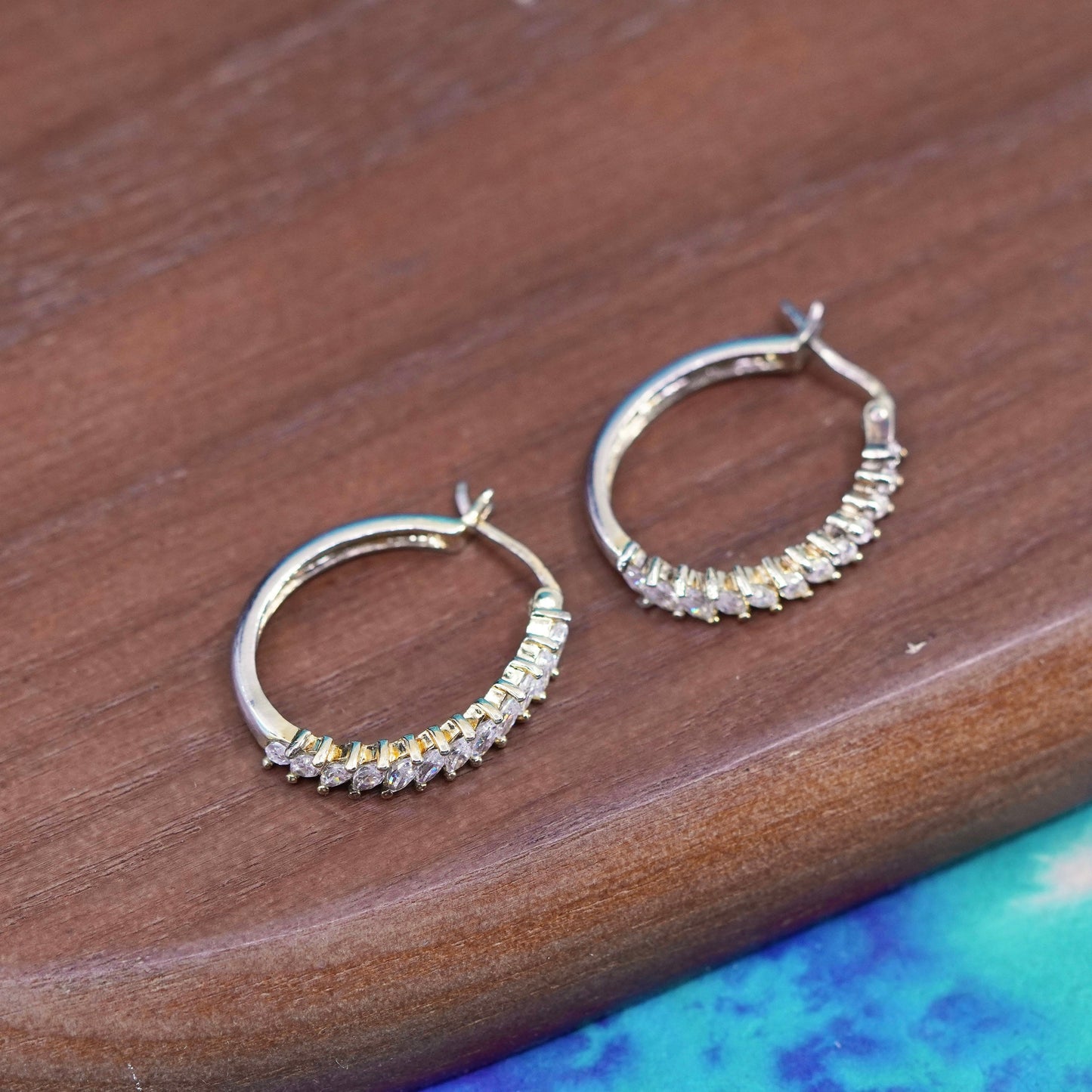 1”, vintage vermeil gold over Sterling silver handmade earrings, 925 hoops cz