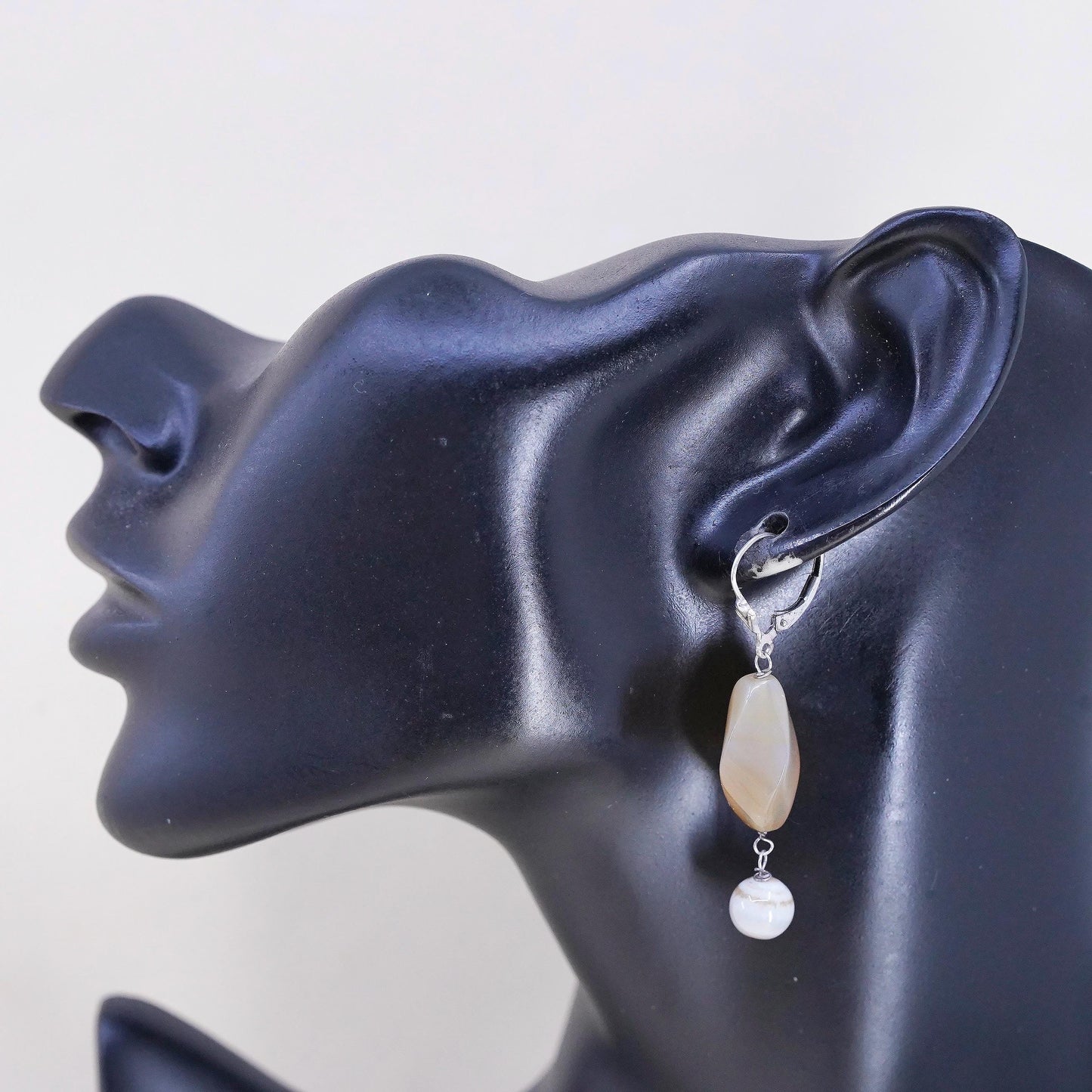 Vintage Sterling silver handmade earrings, 925 hooks with agate nuggets