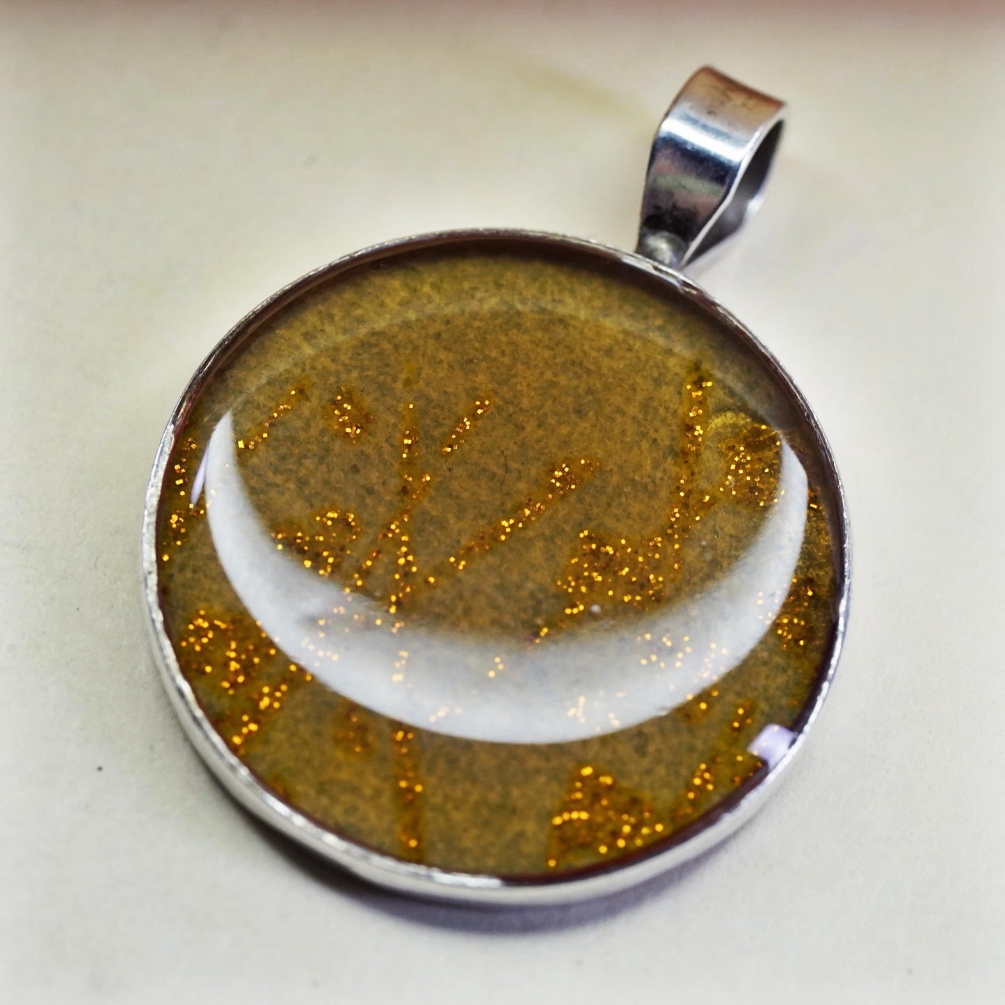 Vintage sterling silver artisan glass pendant, circle dichroic glass pendant