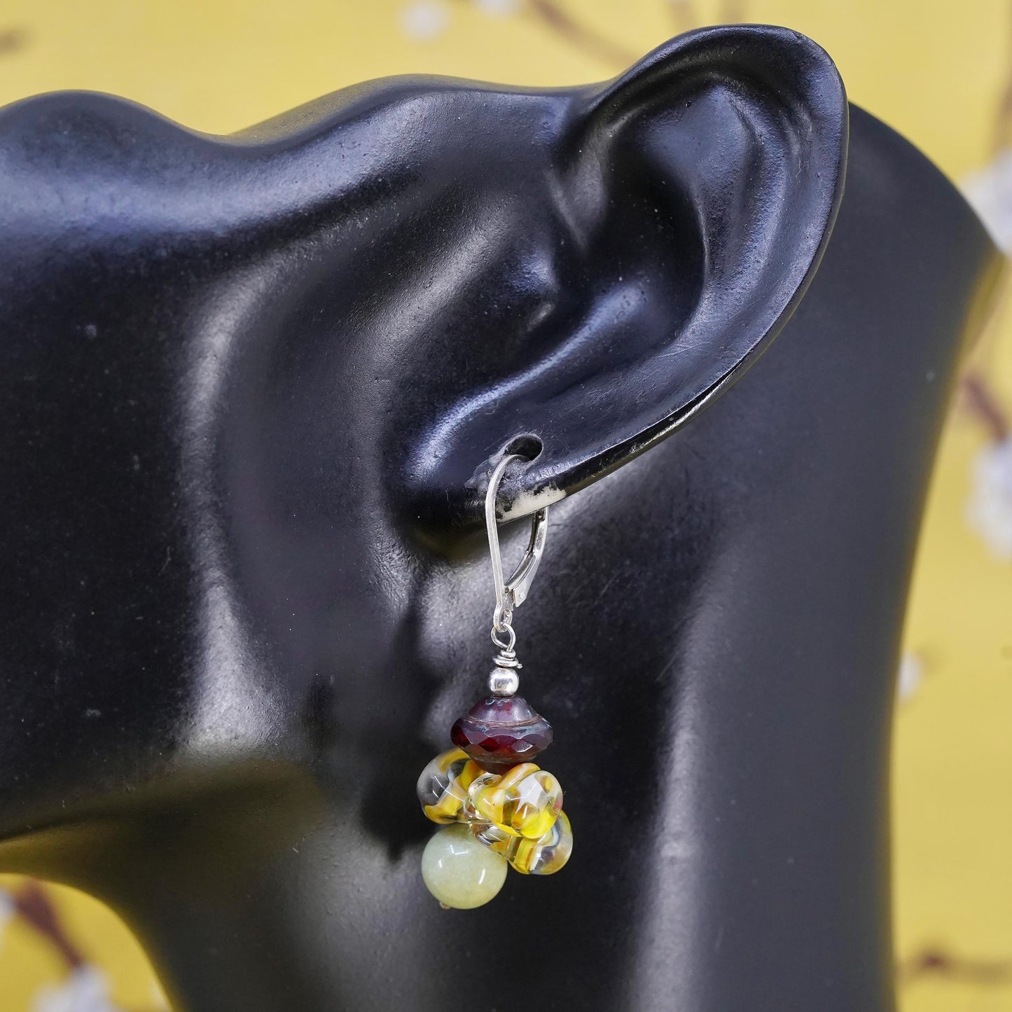 Vintage sterling 925 silver earrings with artisan glass bead lever back closing