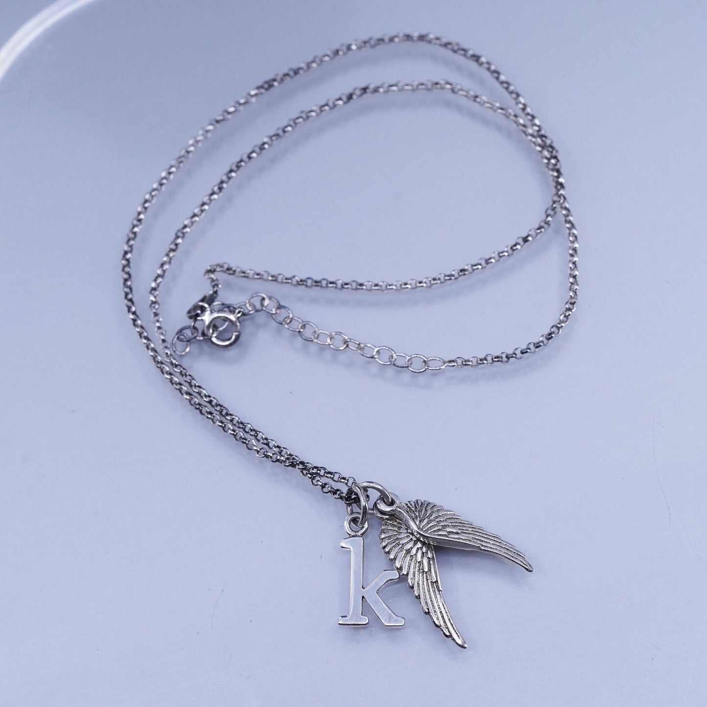 16+2”, vintage Sterling 925 silver circle chain necklace letter K wings pendant