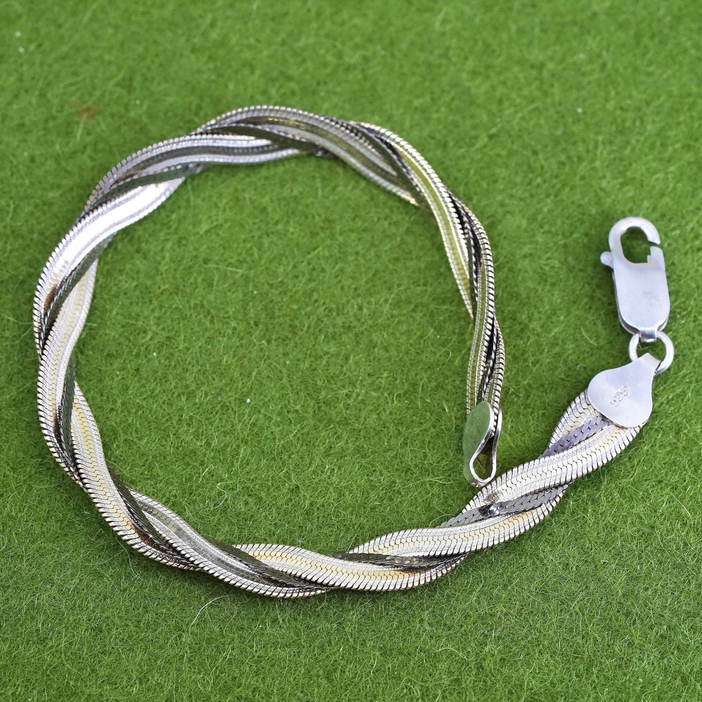 7" triple tone sterling silver handmade bracelet, 925 twisted herringbone chain