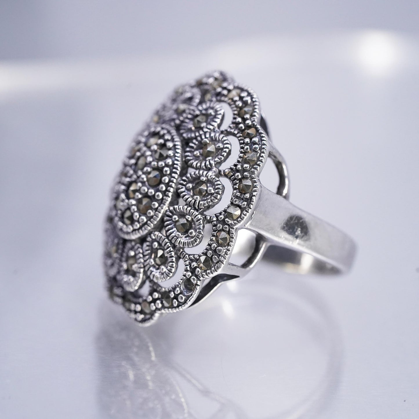 Size 10.5 southwestern Sterling 925 silver ring filigree band cluster marcasite