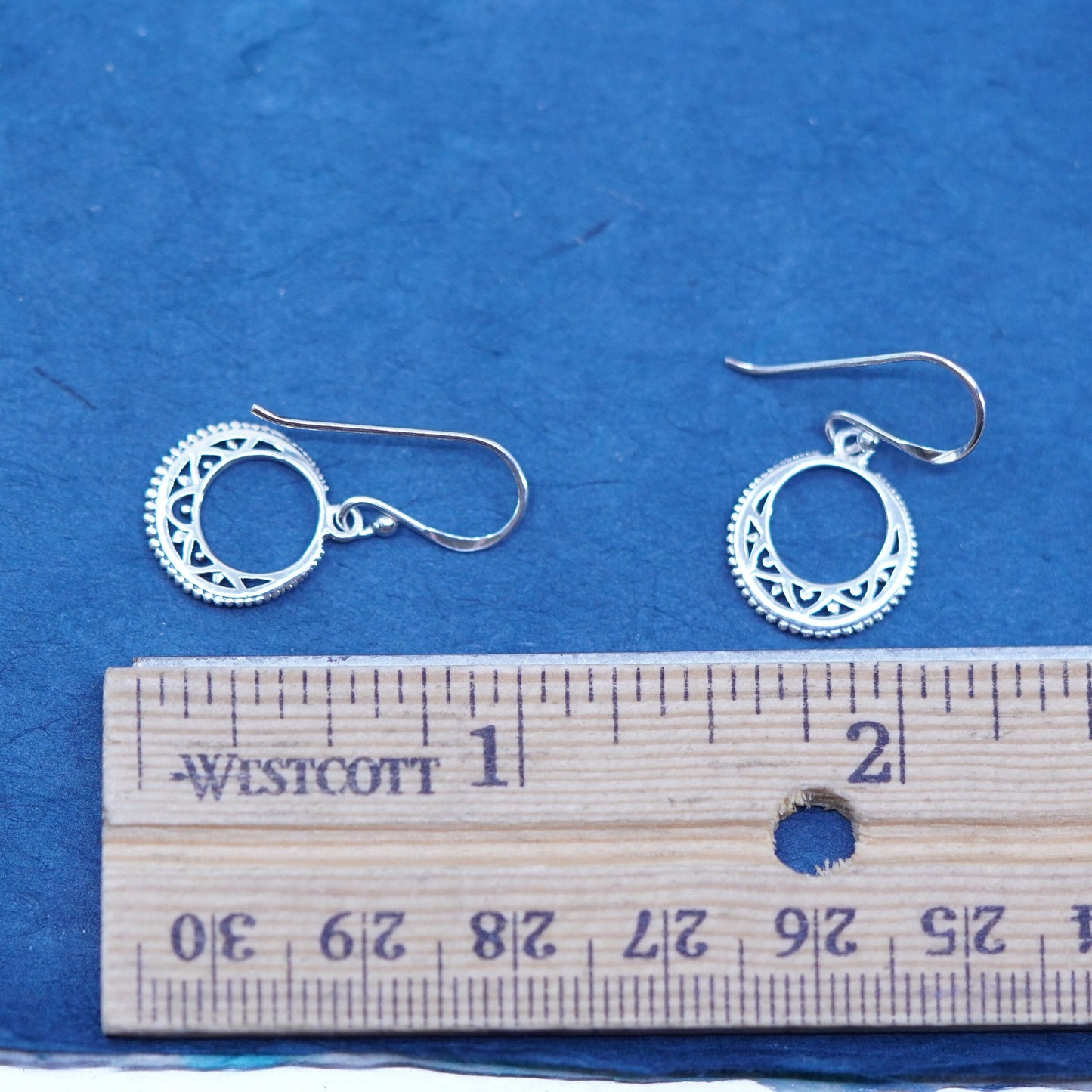 Vintage sterling silver handmade earrings, 925 filigree circle drop