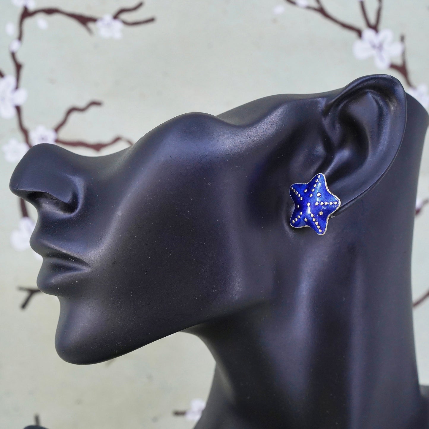 vermeil gold over Sterling silver handmade earrings, 925 star studs blue enamel
