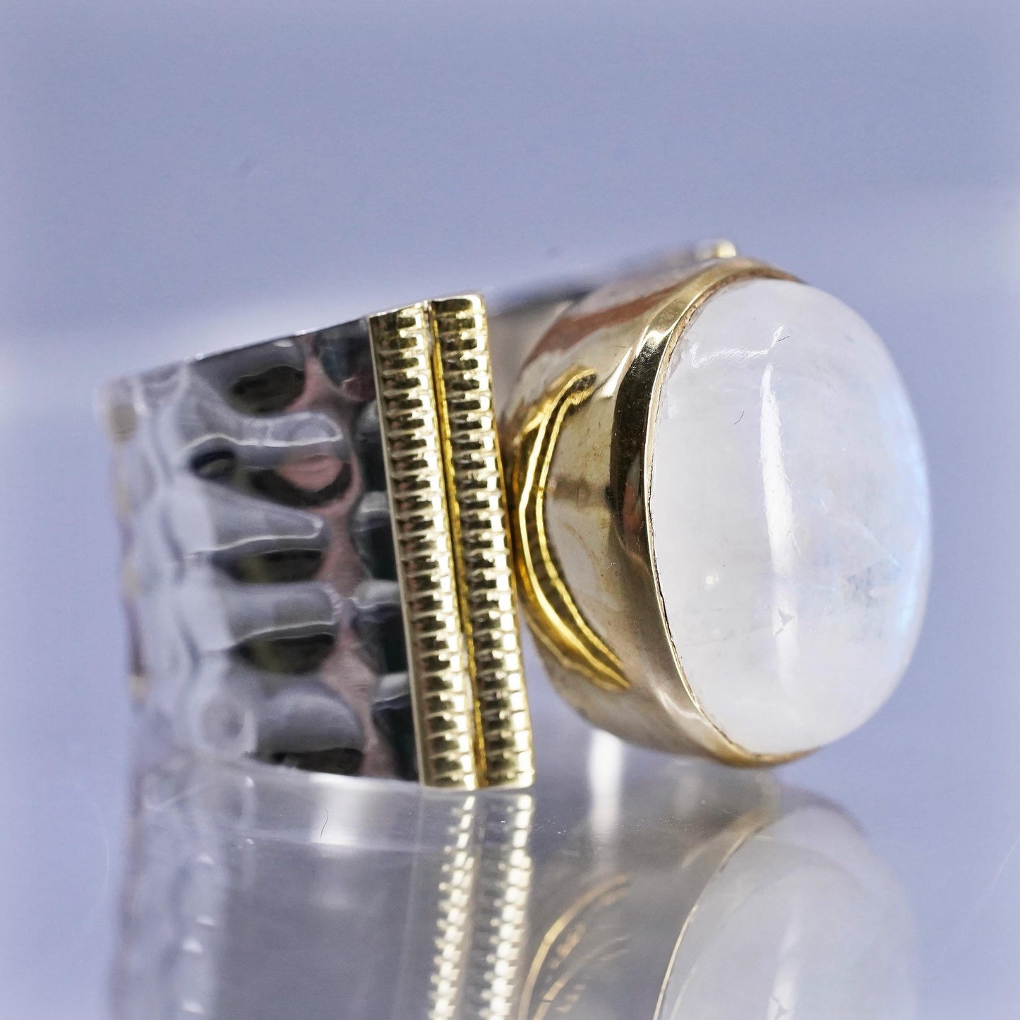 Size 9.25, vintage Indian YS two tone Sterling 925 silver ring oval moonstone