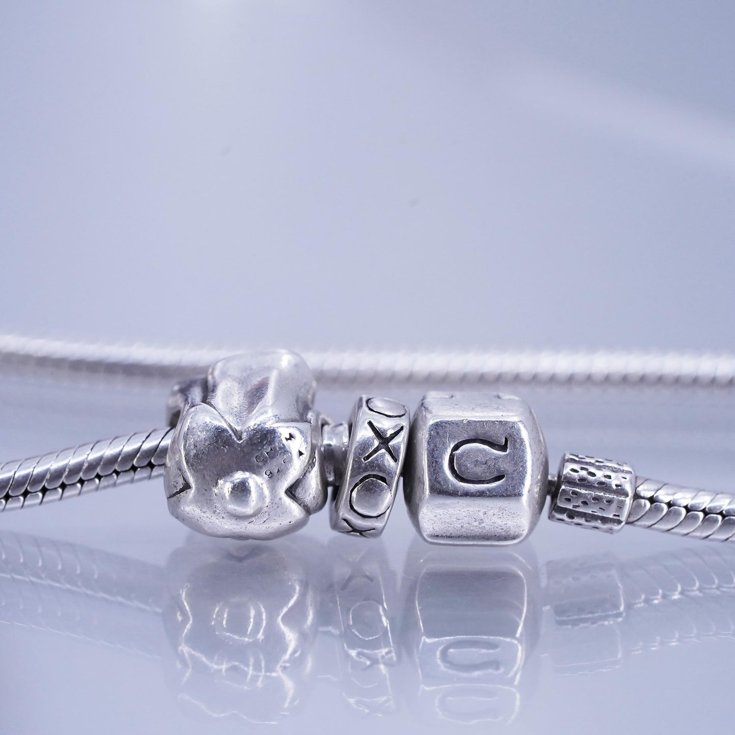 7.5”, Sterling 925 silver bracelet, bold snake chain pink flower bead charm